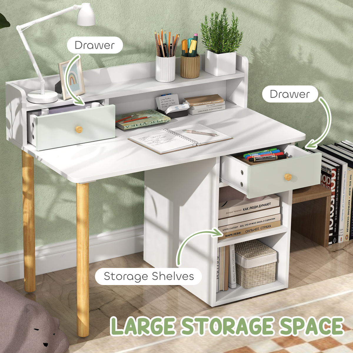 Qaba Kids Desk and Chair Set with Storage Drawers - Green-Toys & Games > Toddler & Kids Furniture > Kids Desk Sets-DECOROLALA