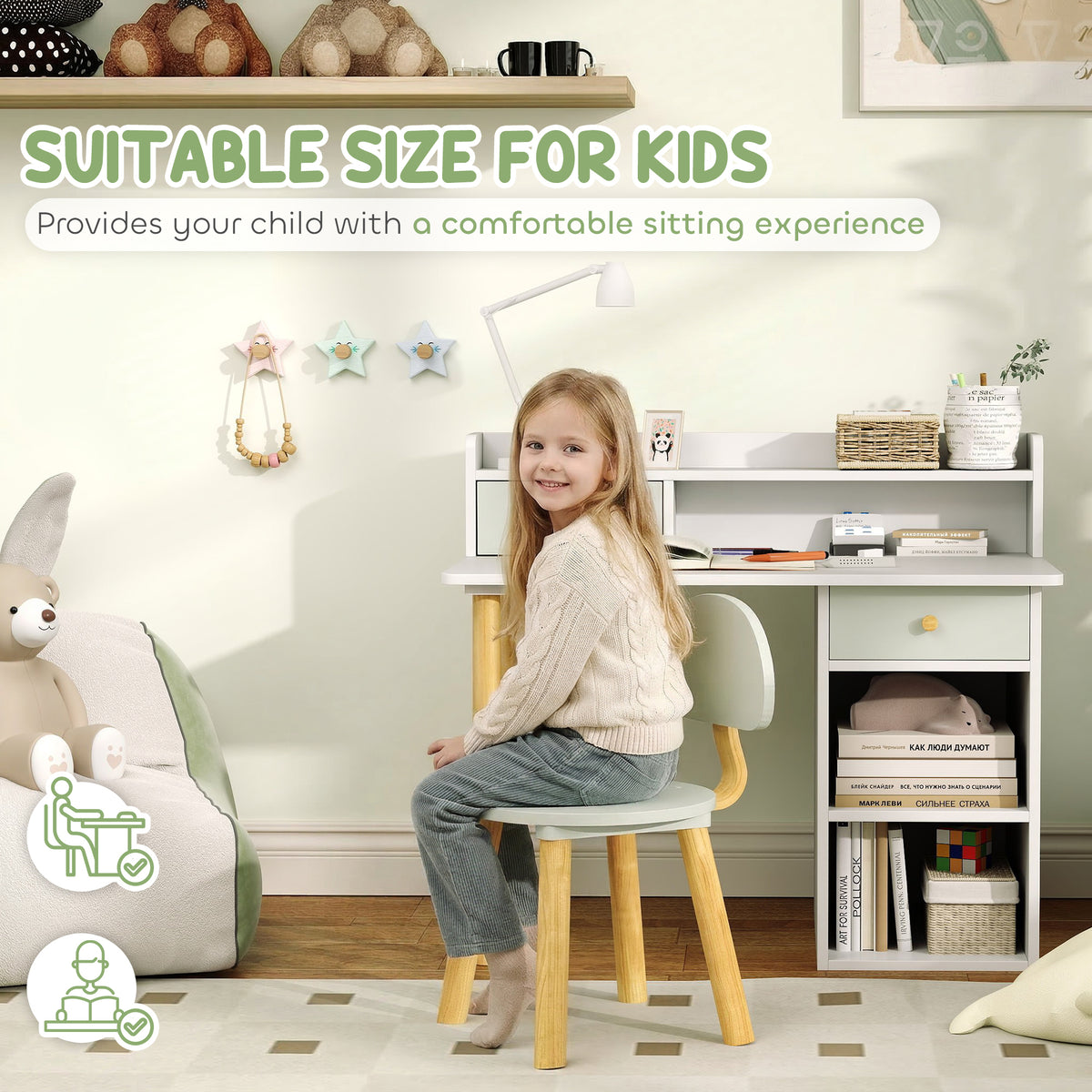 Qaba Kids Desk and Chair Set with Storage Drawers - Green-Toys & Games > Toddler & Kids Furniture > Kids Desk Sets-DECOROLALA