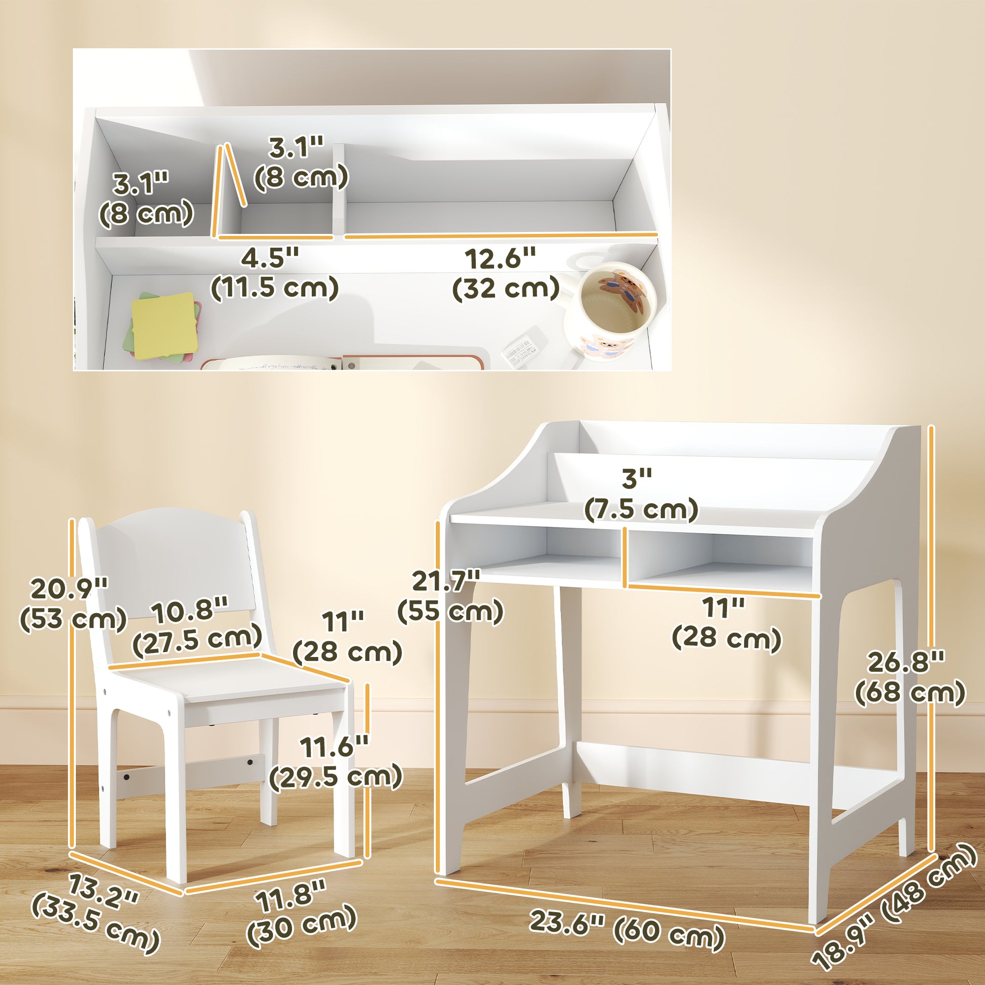 Qaba Kids Desk and Chair Set with Storage, Shelves for Bedroom, 3-8 Years Old, White-Toys & Games > Toddler & Kids Furniture > Kids Desk Sets-DECOROLALA