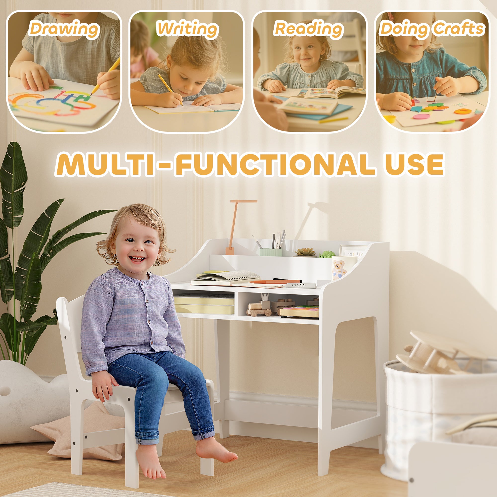 Qaba Kids Desk and Chair Set with Storage, Shelves for Bedroom, 3-8 Years Old, White-Toys & Games > Toddler & Kids Furniture > Kids Desk Sets-DECOROLALA