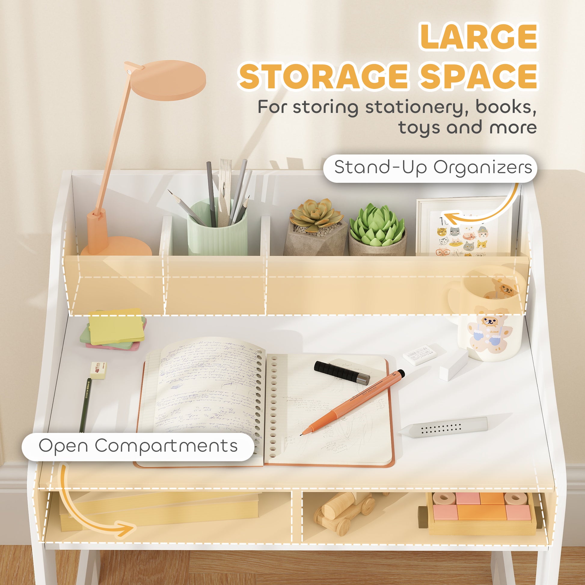 Qaba Kids Desk and Chair Set with Storage, Shelves for Bedroom, 3-8 Years Old, White-Toys & Games > Toddler & Kids Furniture > Kids Desk Sets-DECOROLALA