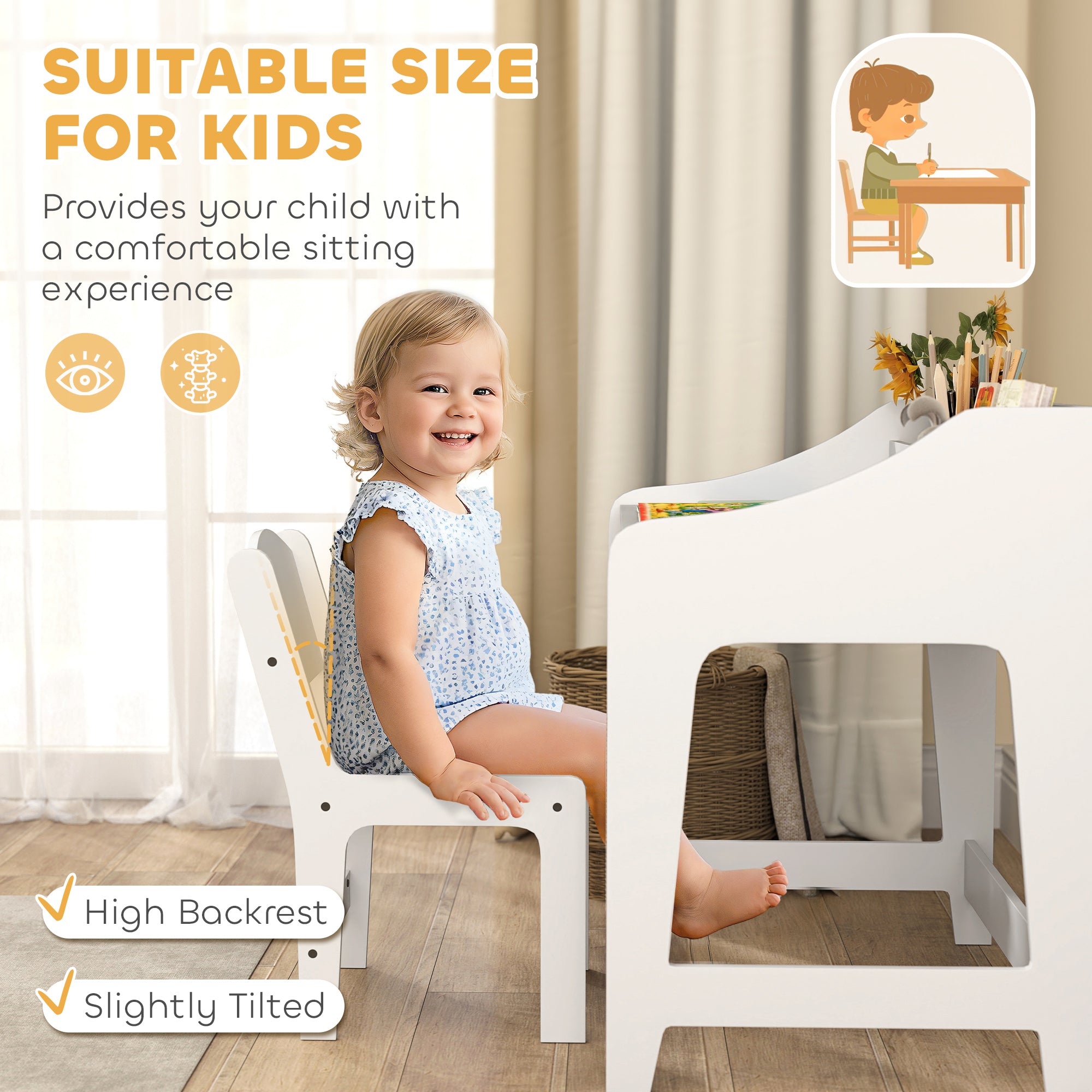 Qaba Kids Desk and Chair Set with Storage, Shelves for Bedroom, 3-8 Years Old, White-Toys & Games > Toddler & Kids Furniture > Kids Desk Sets-DECOROLALA