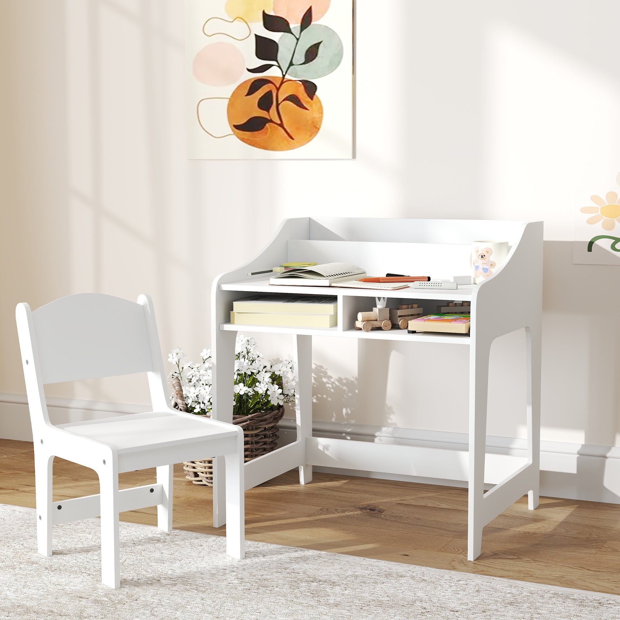 Qaba Kids Desk and Chair Set with Storage, Shelves for Bedroom, 3-8 Years Old, White-Toys & Games > Toddler & Kids Furniture > Kids Desk Sets-DECOROLALA