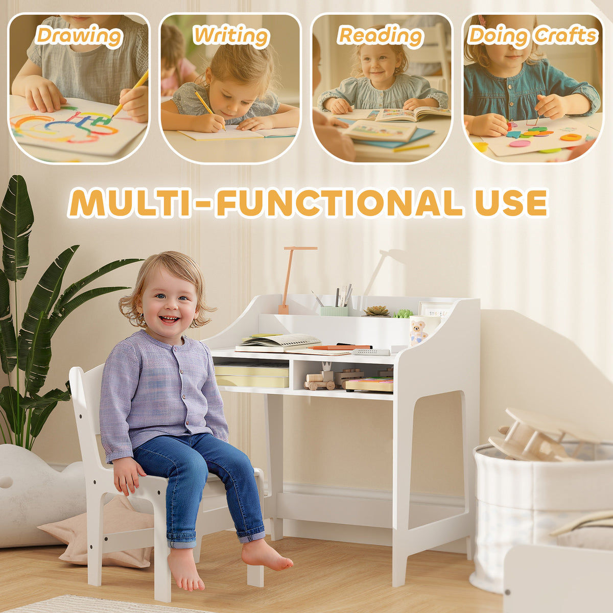 Qaba Kids Desk and Chair Set with Storage - White MDF-Toys & Games > Toddler & Kids Furniture > Kids Desk Sets-DECOROLALA