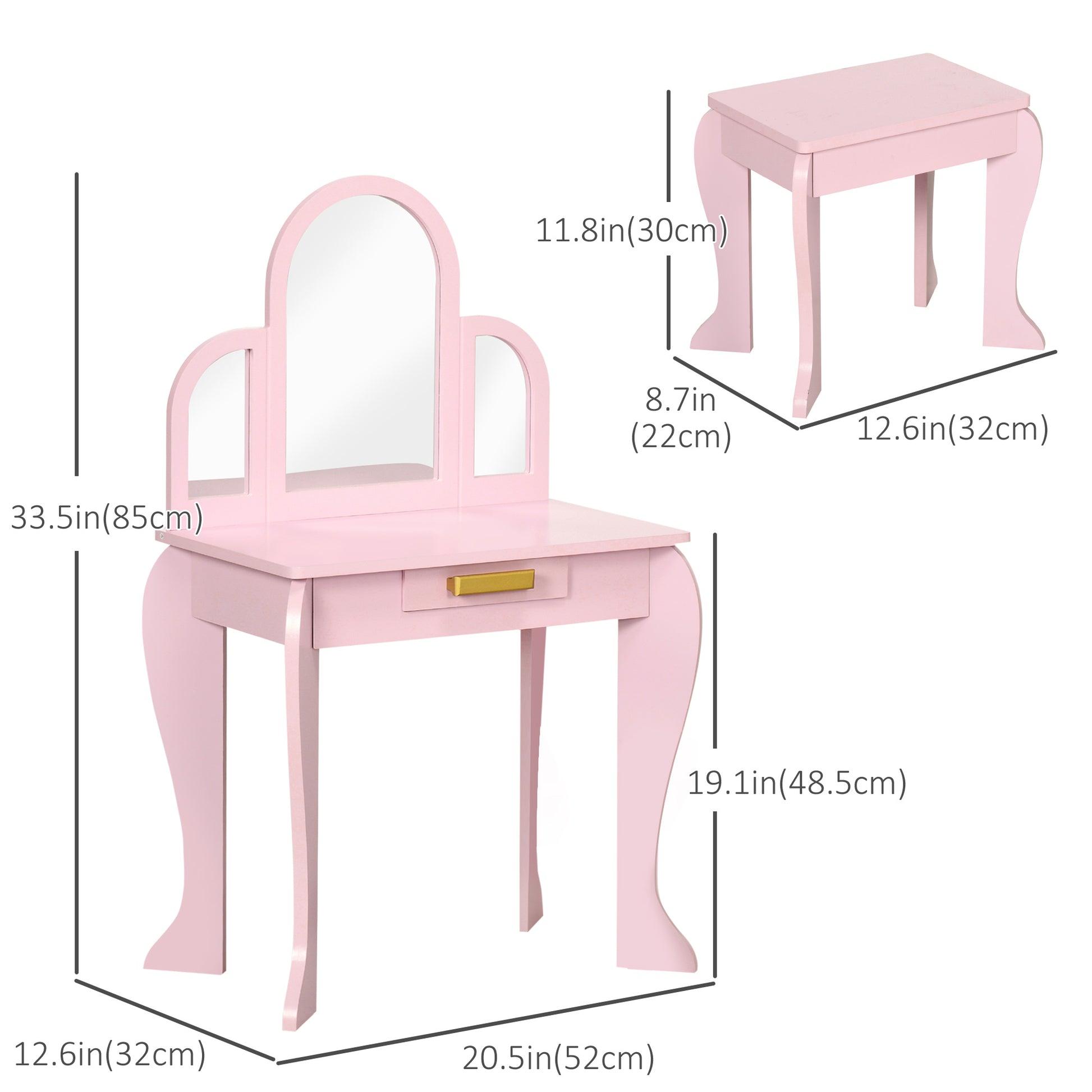 Qaba Kids Dressing Table and Chair Set, Girls Dressing Set, Makeup Desk with Drawer for 3-6 Years Old Kids, Pink-Toys & Games > Toddler & Kids Furniture > Kids Bedroom Furniture-DECOROLALA