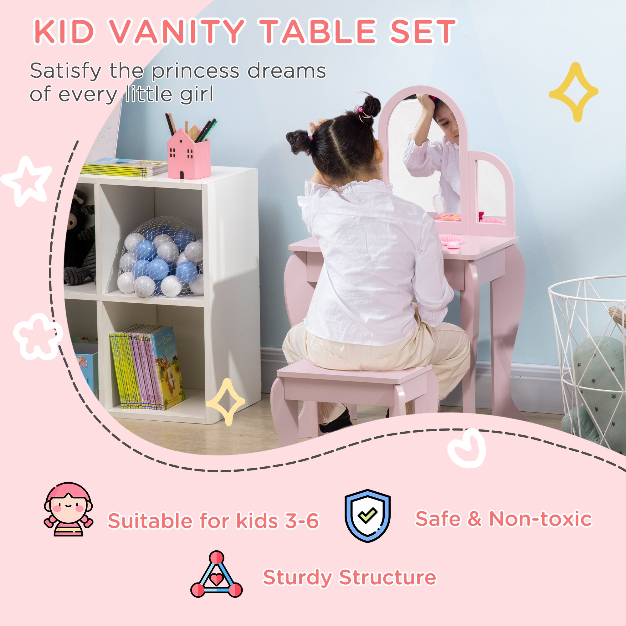 Qaba Kids Dressing Table and Chair Set, Girls Dressing Set, Makeup Desk with Drawer for 3-6 Years Old Kids, Pink-Toys & Games > Toddler & Kids Furniture > Kids Bedroom Furniture-DECOROLALA