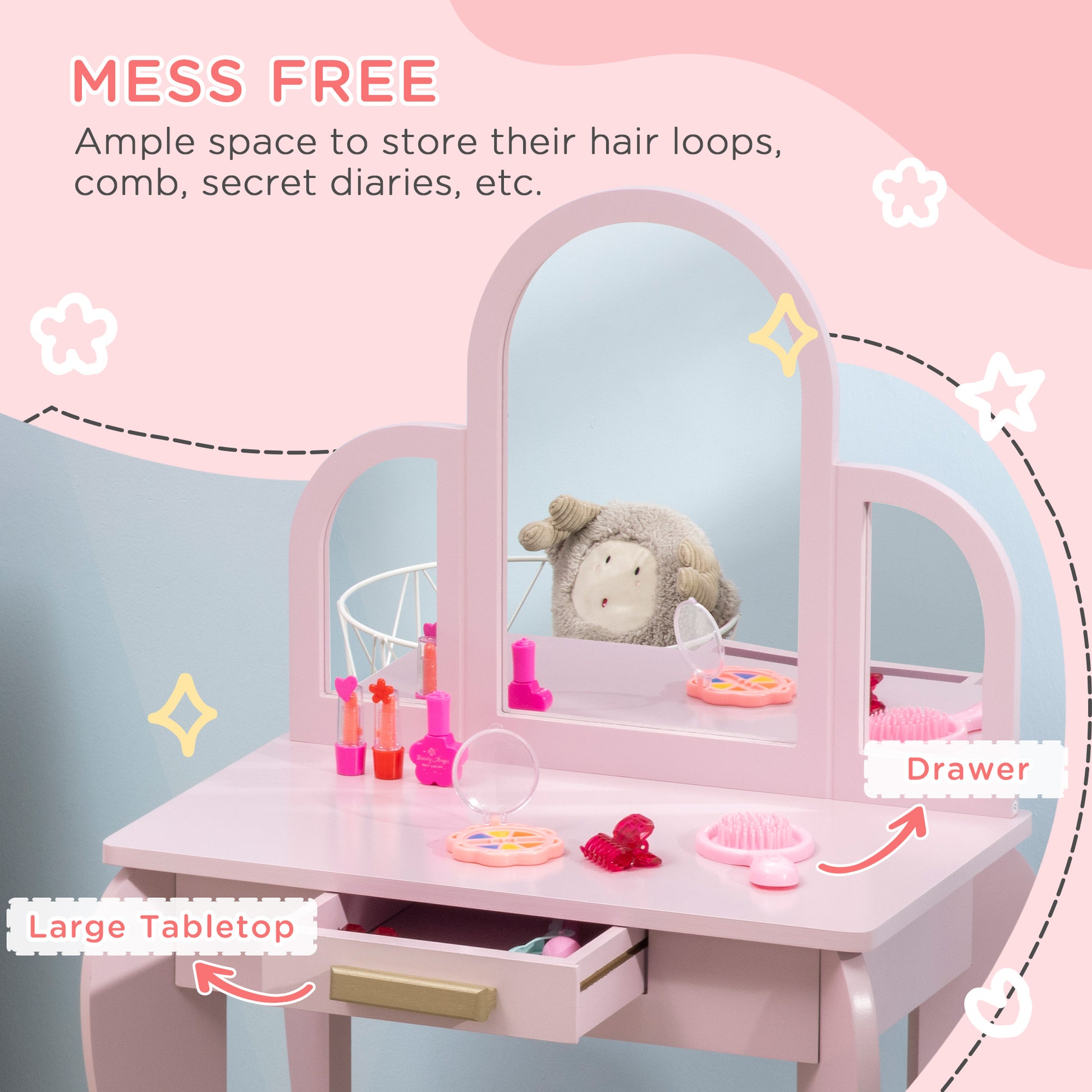Qaba Kids Dressing Table and Chair Set, Girls Dressing Set, Makeup Desk with Drawer for 3-6 Years Old Kids, Pink-Toys & Games > Toddler & Kids Furniture > Kids Bedroom Furniture-DECOROLALA