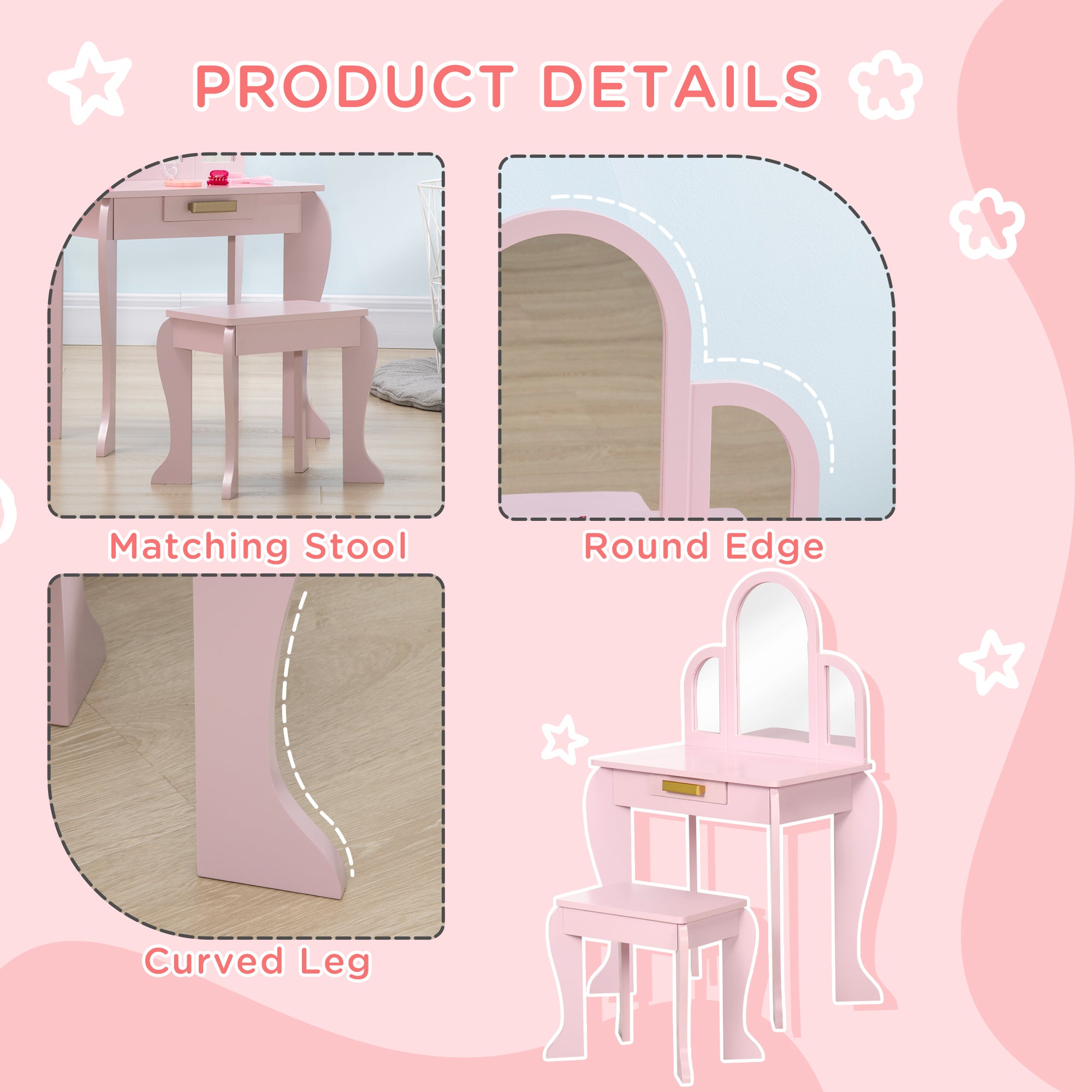 Qaba Kids Dressing Table and Chair Set, Girls Dressing Set, Makeup Desk with Drawer for 3-6 Years Old Kids, Pink-Toys & Games > Toddler & Kids Furniture > Kids Bedroom Furniture-DECOROLALA