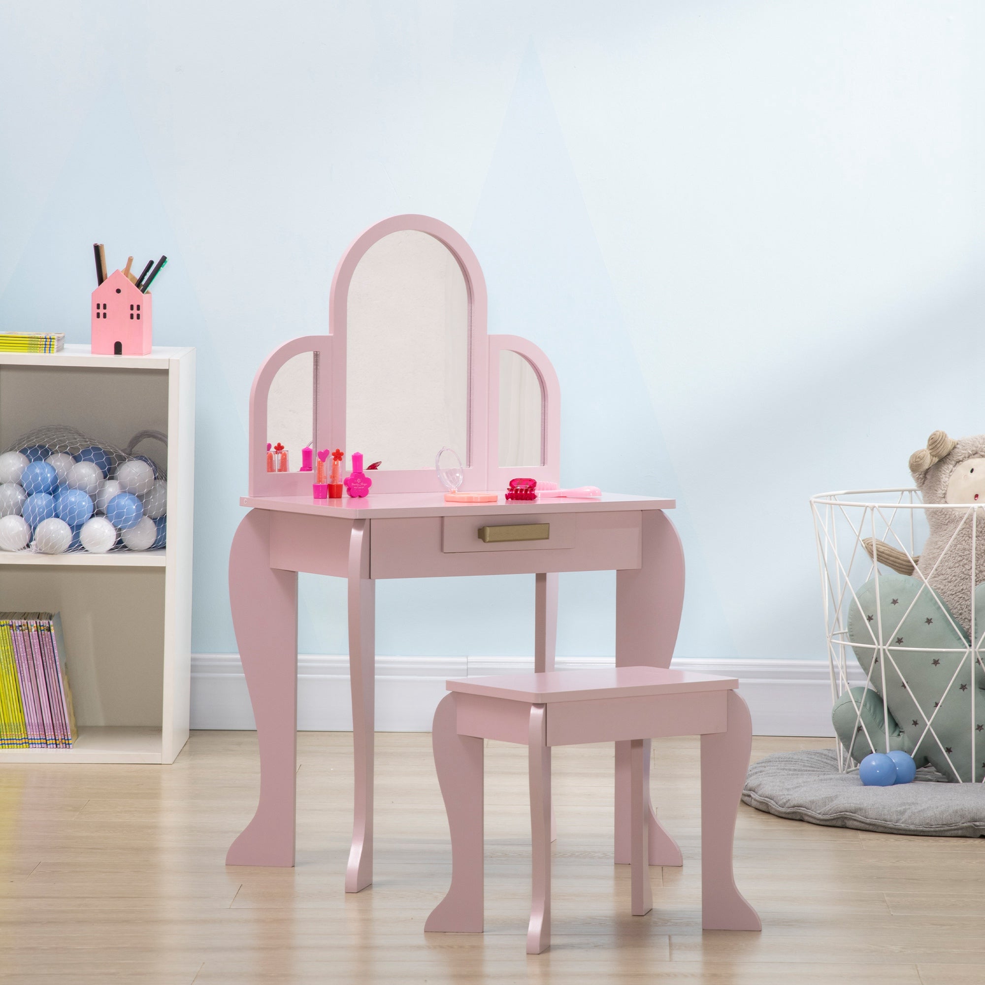 Qaba Kids Dressing Table and Chair Set, Girls Dressing Set, Makeup Desk with Drawer for 3-6 Years Old Kids, Pink-Toys & Games > Toddler & Kids Furniture > Kids Bedroom Furniture-DECOROLALA