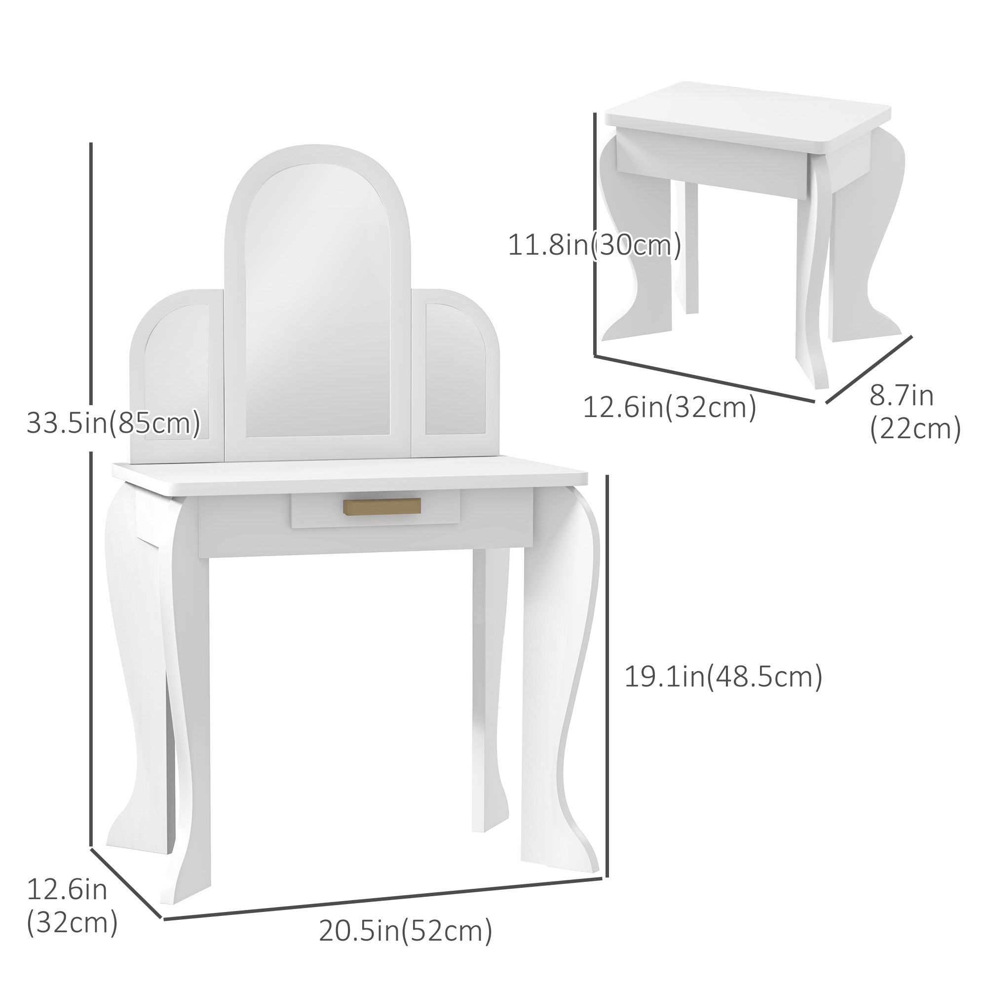 Qaba Kids Dressing Table and Chair Set, Girls Dressing Set, Makeup Desk with Drawer for 3-6 Years Old Kids, White-Toys & Games > Toddler & Kids Furniture > Kids Bedroom Furniture-DECOROLALA