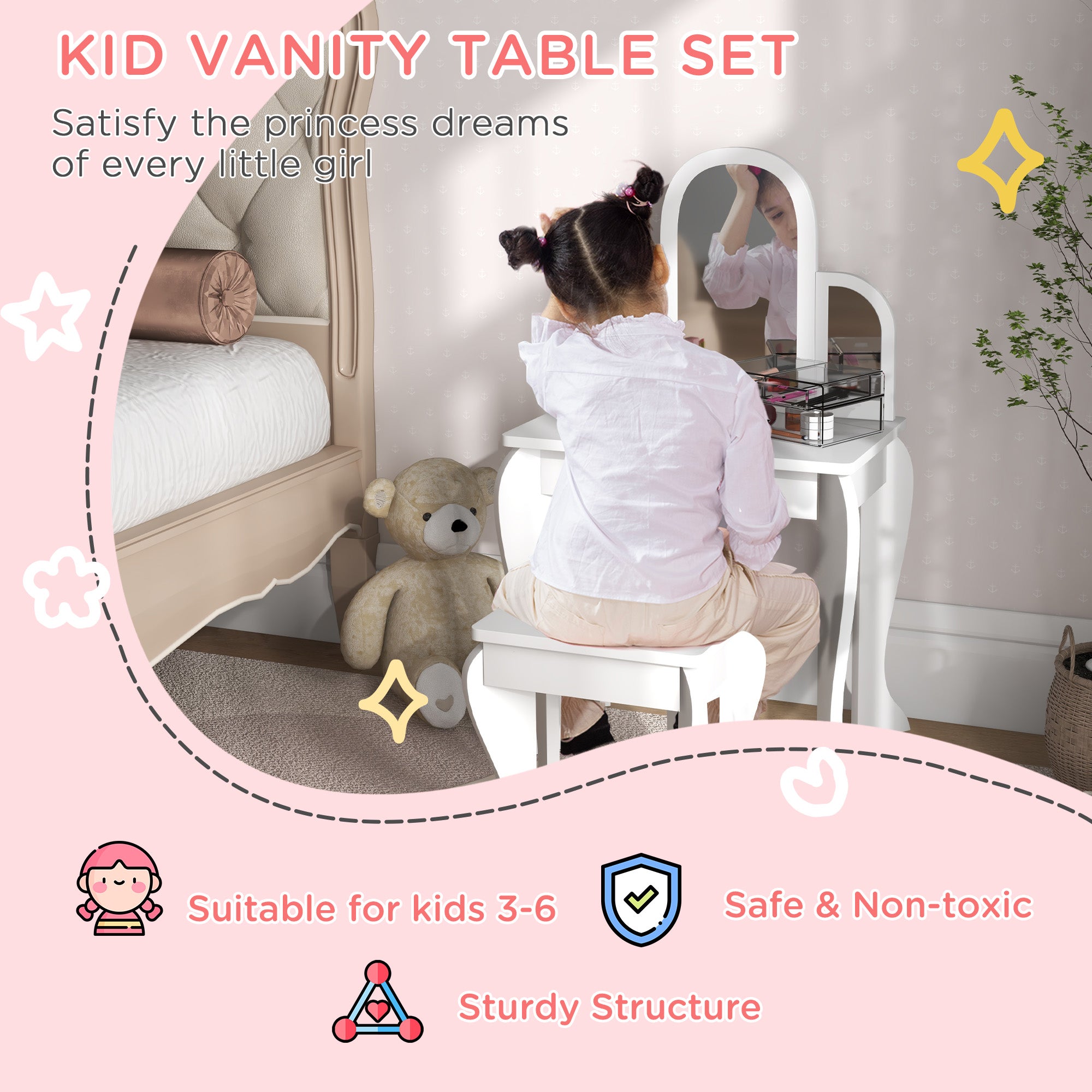Qaba Kids Dressing Table and Chair Set, Girls Dressing Set, Makeup Desk with Drawer for 3-6 Years Old Kids, White-Toys & Games > Toddler & Kids Furniture > Kids Bedroom Furniture-DECOROLALA