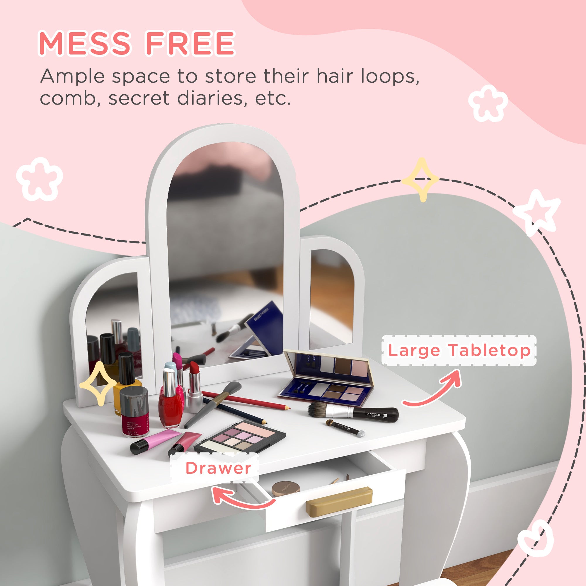 Qaba Kids Dressing Table and Chair Set, Girls Dressing Set, Makeup Desk with Drawer for 3-6 Years Old Kids, White-Toys & Games > Toddler & Kids Furniture > Kids Bedroom Furniture-DECOROLALA