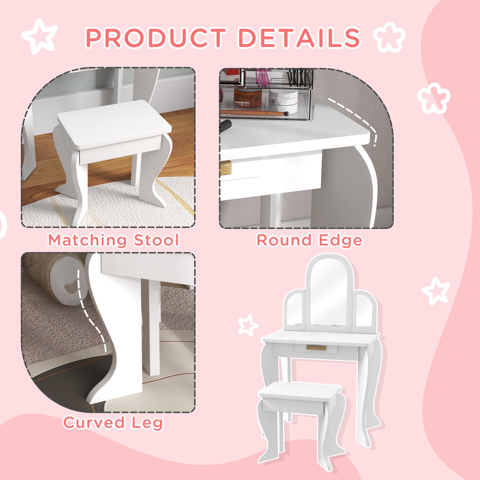 Qaba Kids Dressing Table and Chair Set, Girls Dressing Set, Makeup Desk with Drawer for 3-6 Years Old Kids, White-Toys & Games > Toddler & Kids Furniture > Kids Bedroom Furniture-DECOROLALA