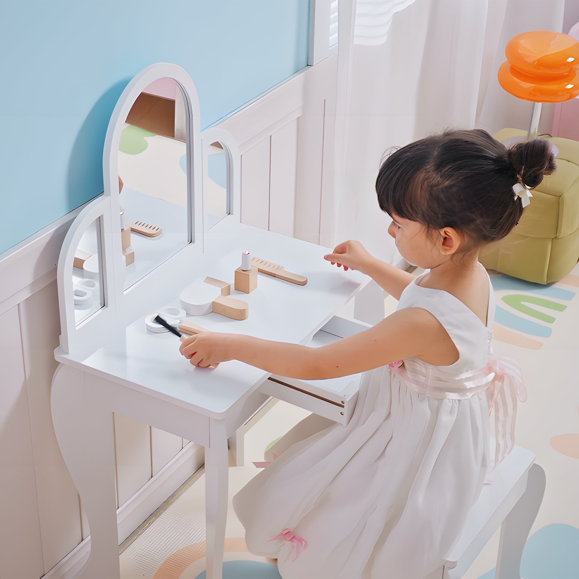 Qaba Kids Dressing Table and Chair Set, Girls Dressing Set, Makeup Desk with Drawer for 3-6 Years Old Kids, White-Toys & Games > Toddler & Kids Furniture > Kids Bedroom Furniture-DECOROLALA