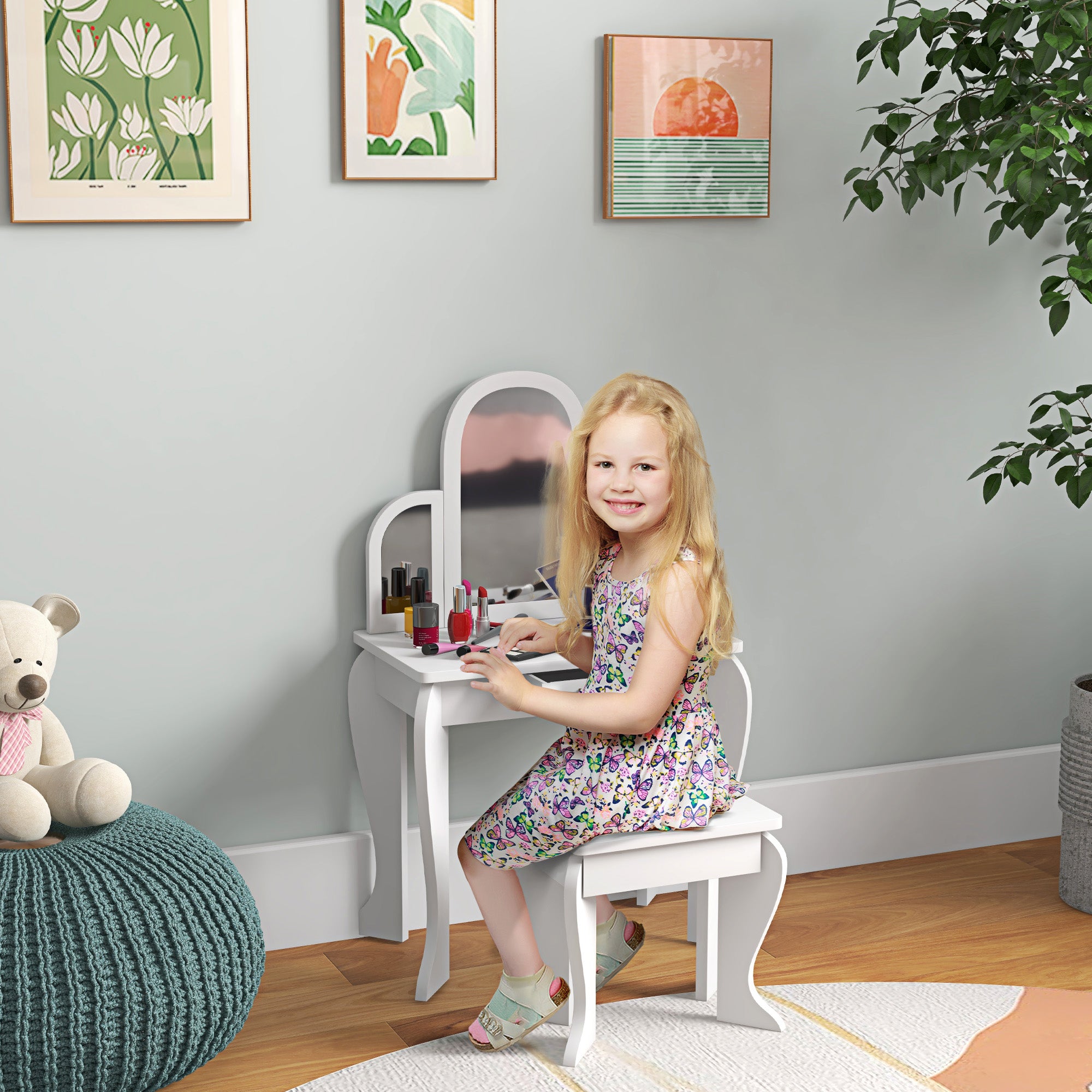 Qaba Kids Dressing Table and Chair Set, Girls Dressing Set, Makeup Desk with Drawer for 3-6 Years Old Kids, White-Toys & Games > Toddler & Kids Furniture > Kids Bedroom Furniture-DECOROLALA