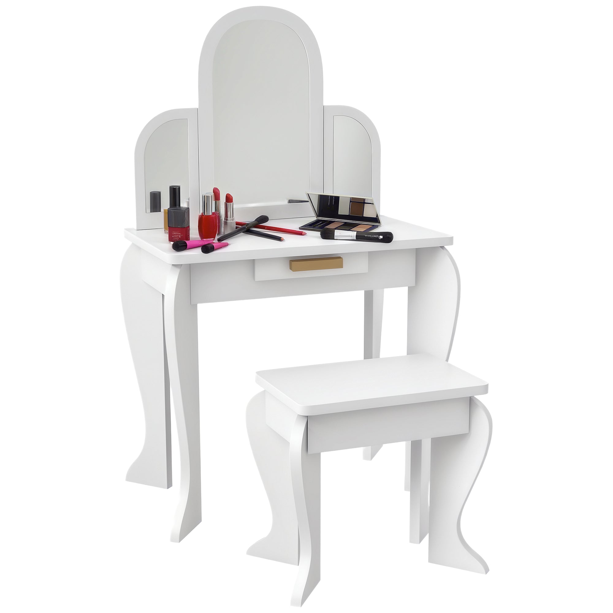 Qaba Kids Dressing Table and Chair Set, Girls Dressing Set, Makeup Desk with Drawer for 3-6 Years Old Kids, White-Toys & Games > Toddler & Kids Furniture > Kids Bedroom Furniture-DECOROLALA