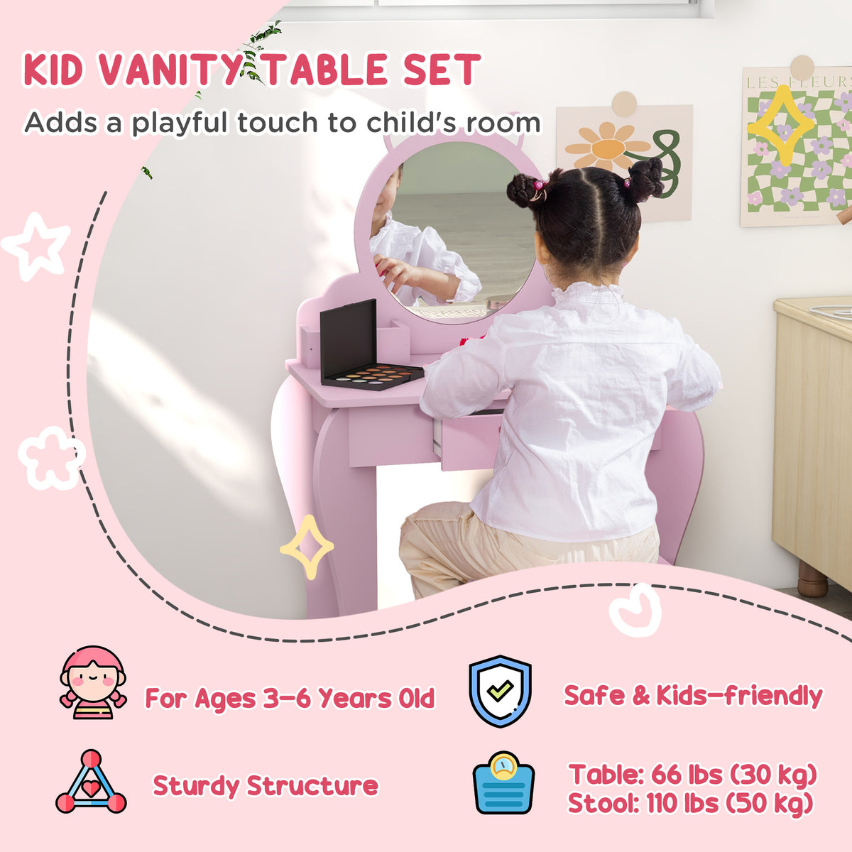 Qaba Kids Makeup Vanity Set with Mirror and Stool - Pink Cat Design-Toys & Games > Toddler & Kids Furniture > Kids Bedroom Furniture-DECOROLALA