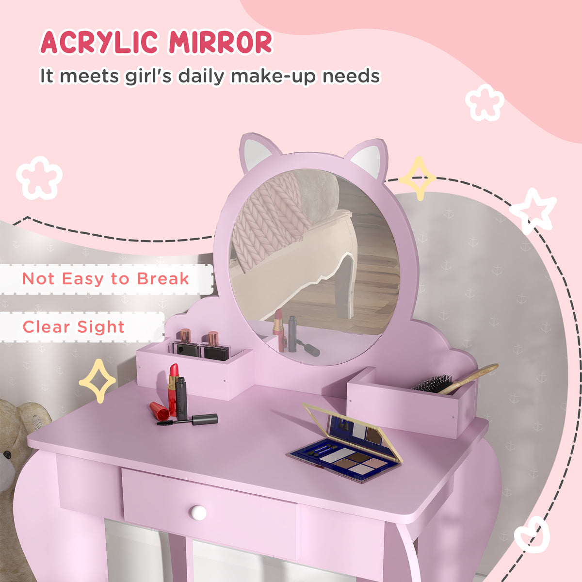 Qaba Kids Makeup Vanity Set with Mirror and Stool - Pink Cat Design-Toys & Games > Toddler & Kids Furniture > Kids Bedroom Furniture-DECOROLALA