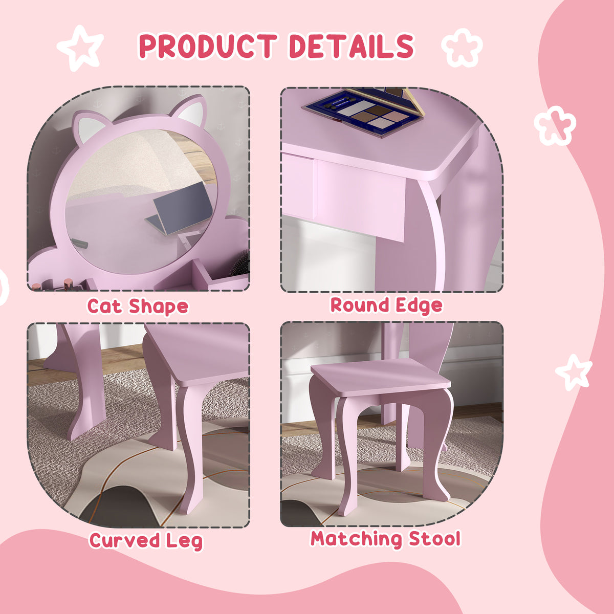 Qaba Kids Makeup Vanity Set with Mirror and Stool - Pink Cat Design-Toys & Games > Toddler & Kids Furniture > Kids Bedroom Furniture-DECOROLALA