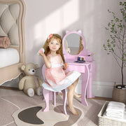 Qaba Kids Makeup Vanity Set with Mirror and Stool - Pink Cat Design-Toys & Games > Toddler & Kids Furniture > Kids Bedroom Furniture-DECOROLALA
