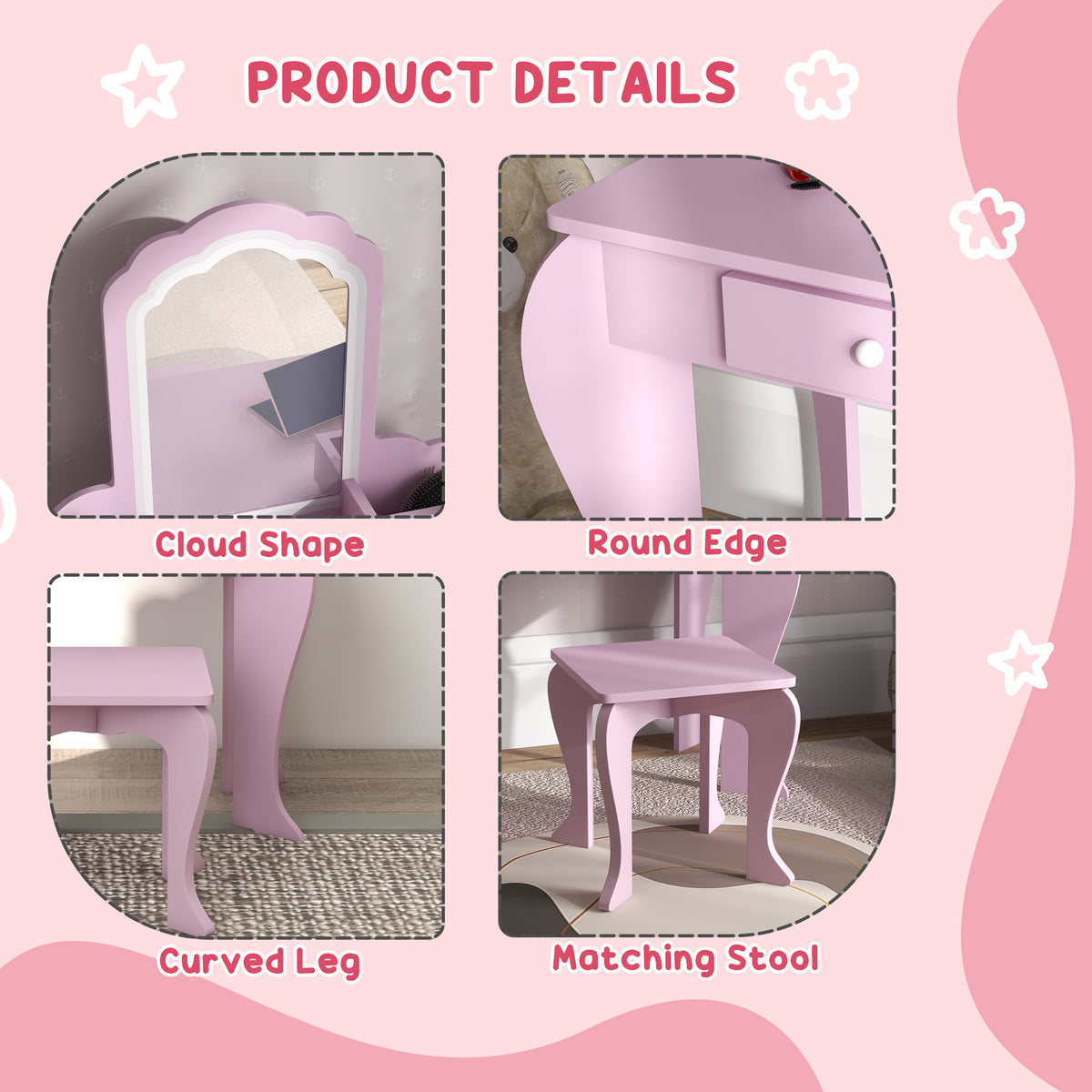 Qaba Kids Makeup Vanity Set with Mirror and Stool - Pink Cloud-Toys & Games > Toddler & Kids Furniture > Kids Bedroom Furniture-DECOROLALA