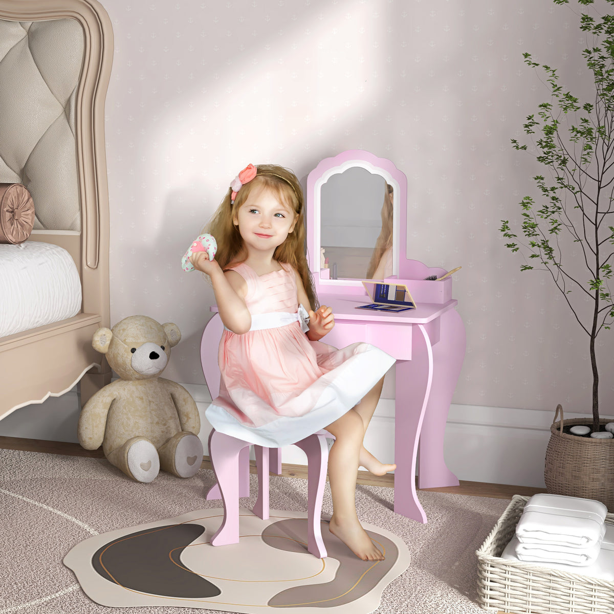 Qaba Kids Makeup Vanity Set with Mirror and Stool - Pink Cloud-Toys & Games > Toddler & Kids Furniture > Kids Bedroom Furniture-DECOROLALA