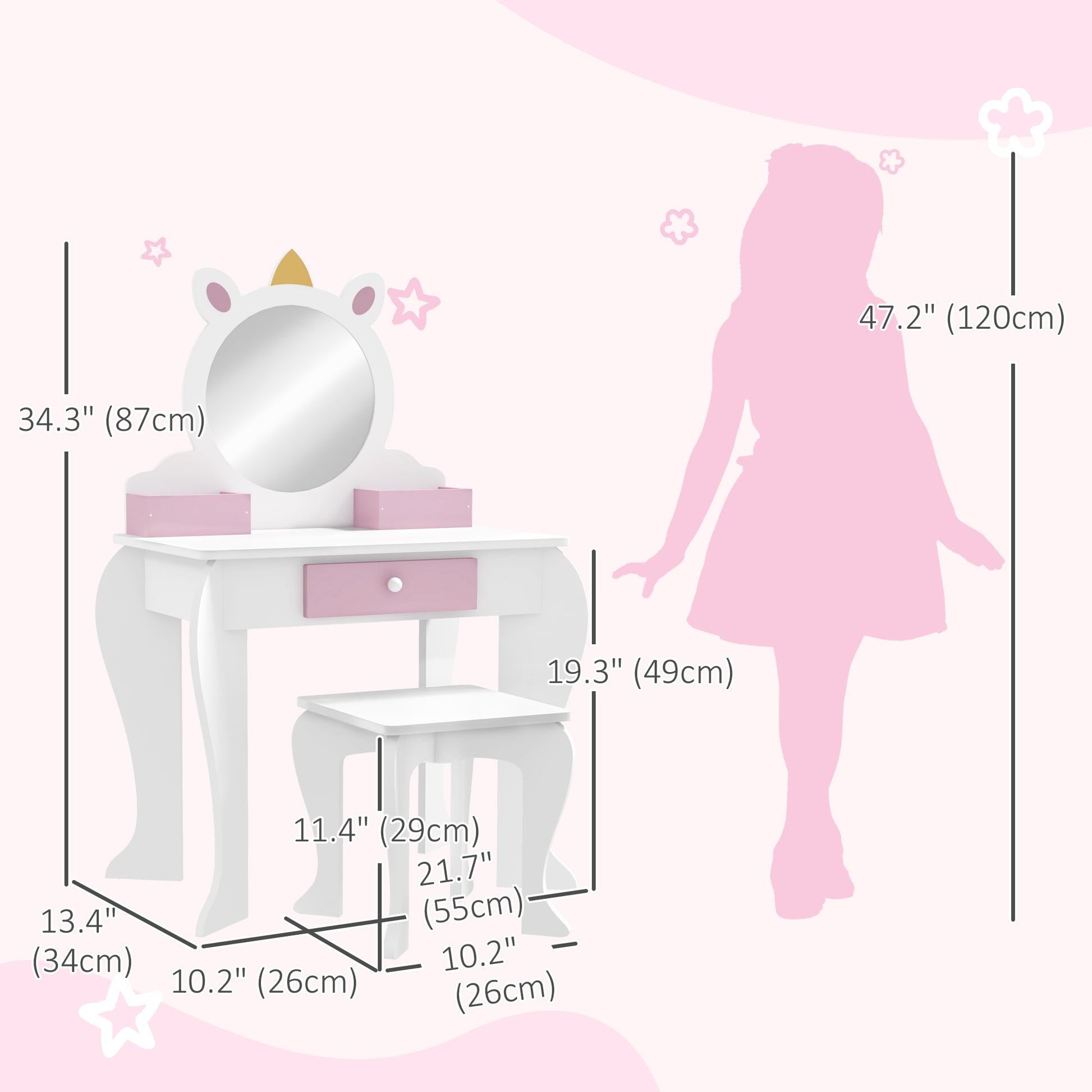 Qaba Kids Makeup Vanity Set with Stool, Mirror, Drawer, Storage Boxes, Unicorn Design, White-Toys & Games > Toddler & Kids Furniture > Kids Bedroom Furniture-DECOROLALA
