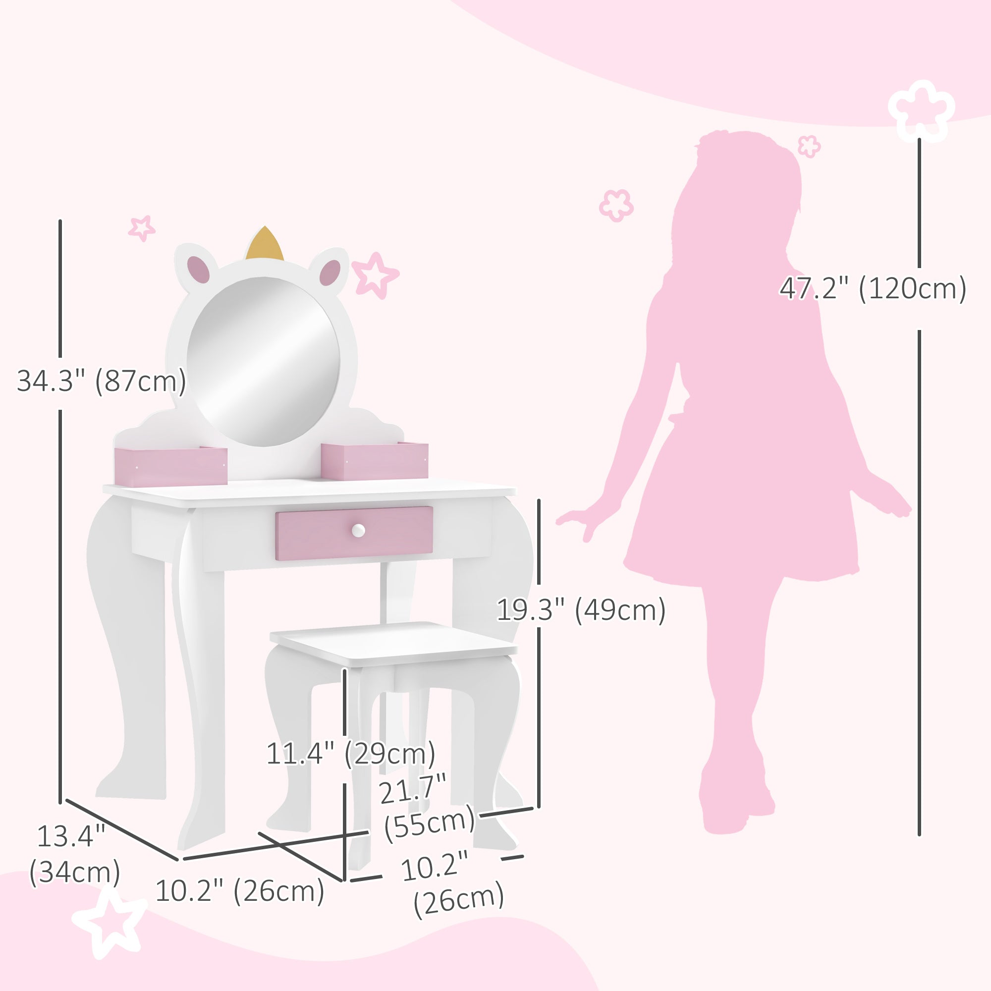 Qaba Kids Makeup Vanity Set with Stool, Mirror, Drawer, Storage Boxes, Unicorn Design, White-Toys & Games > Toddler & Kids Furniture > Kids Bedroom Furniture-DECOROLALA