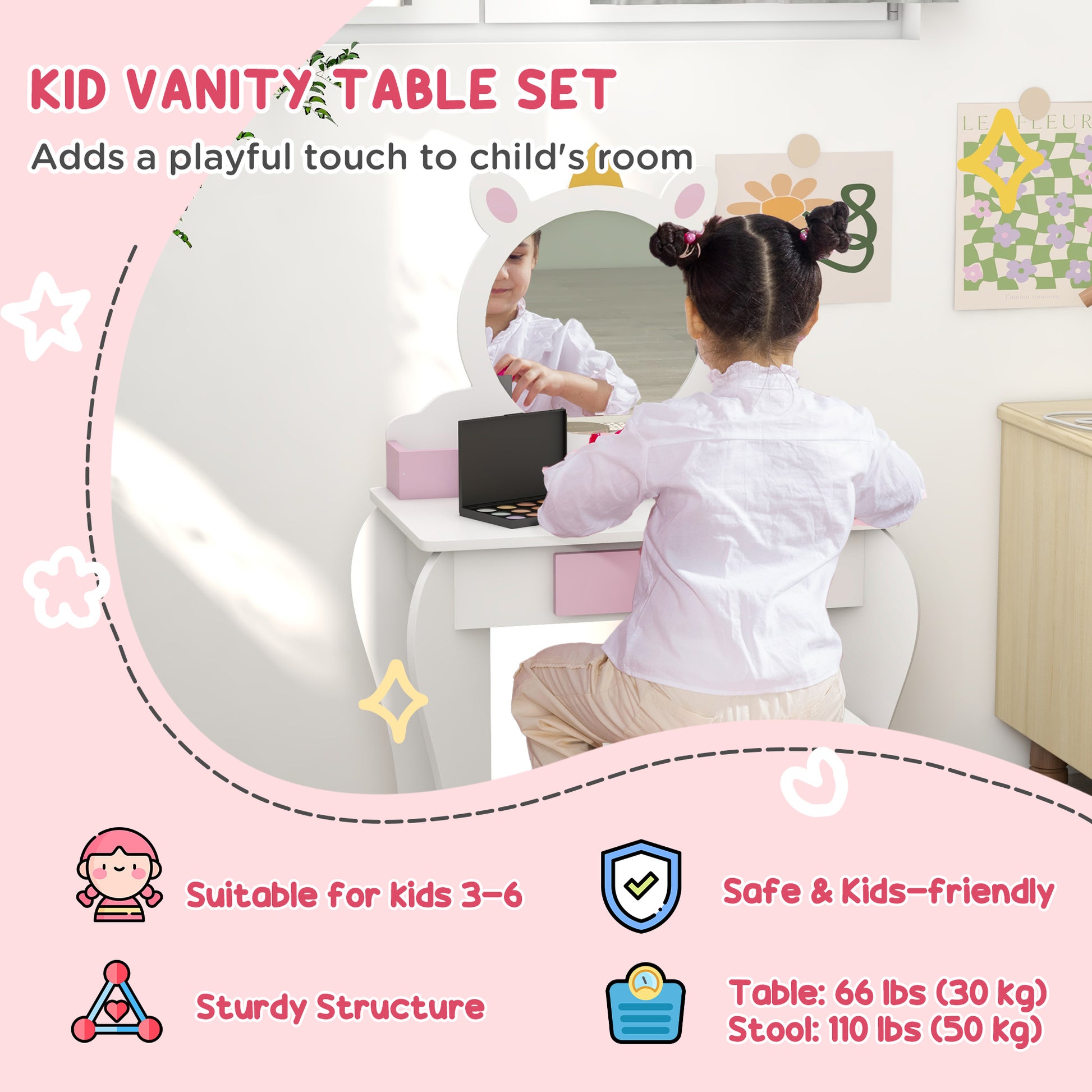 Qaba Kids Makeup Vanity Set with Stool, Mirror, Drawer, Storage Boxes, Unicorn Design, White-Toys & Games > Toddler & Kids Furniture > Kids Bedroom Furniture-DECOROLALA