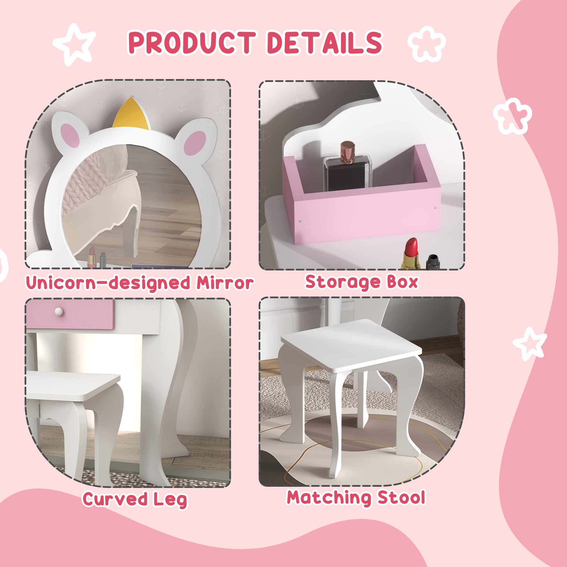 Qaba Kids Makeup Vanity Set with Stool, Mirror, Drawer, Storage Boxes, Unicorn Design, White-Toys & Games > Toddler & Kids Furniture > Kids Bedroom Furniture-DECOROLALA