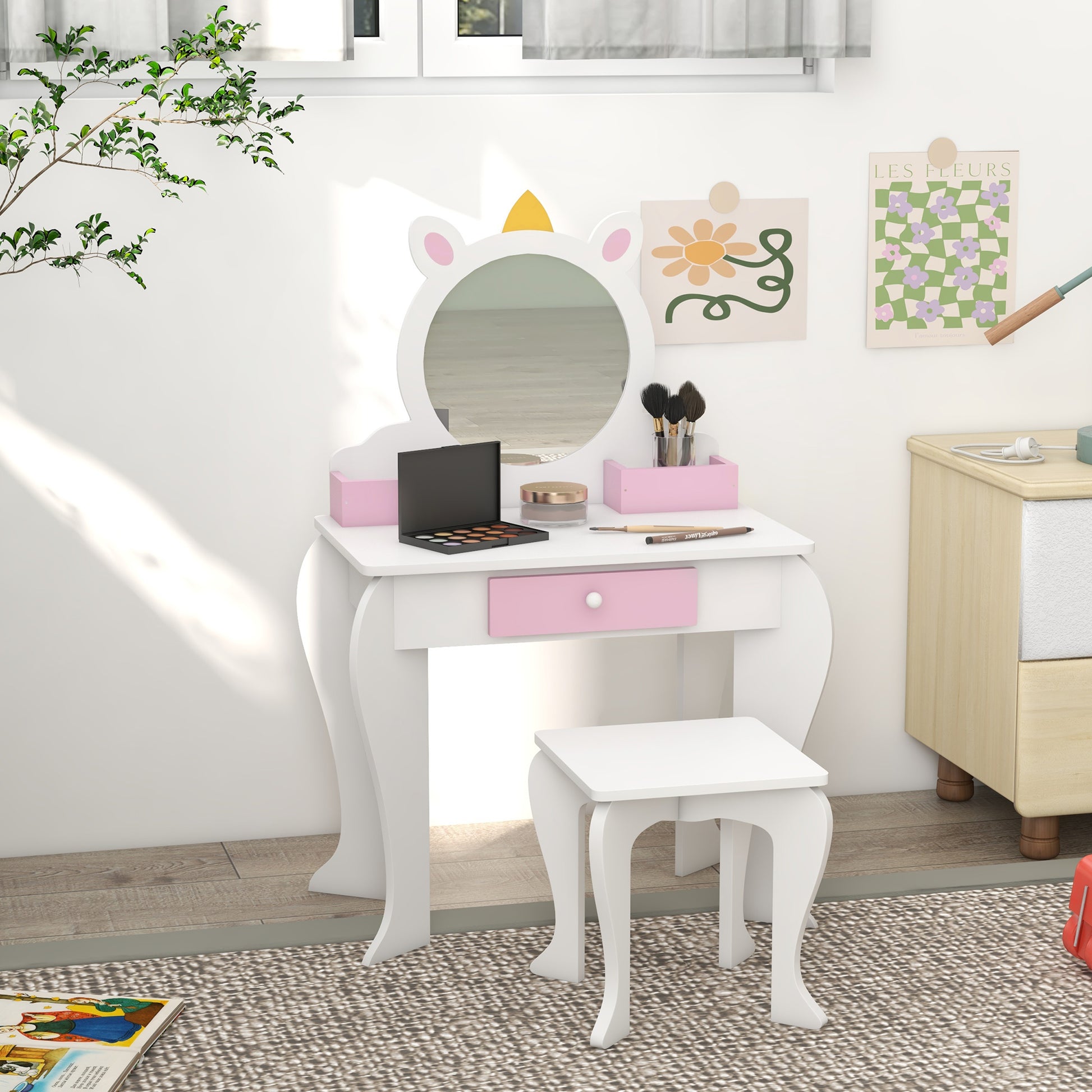 Qaba Kids Makeup Vanity Set with Stool, Mirror, Drawer, Storage Boxes, Unicorn Design, White-Toys & Games > Toddler & Kids Furniture > Kids Bedroom Furniture-DECOROLALA