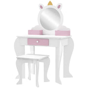 Qaba Kids Makeup Vanity Set with Stool, Mirror, Drawer, Storage Boxes, Unicorn Design, White-Toys & Games > Toddler & Kids Furniture > Kids Bedroom Furniture-DECOROLALA