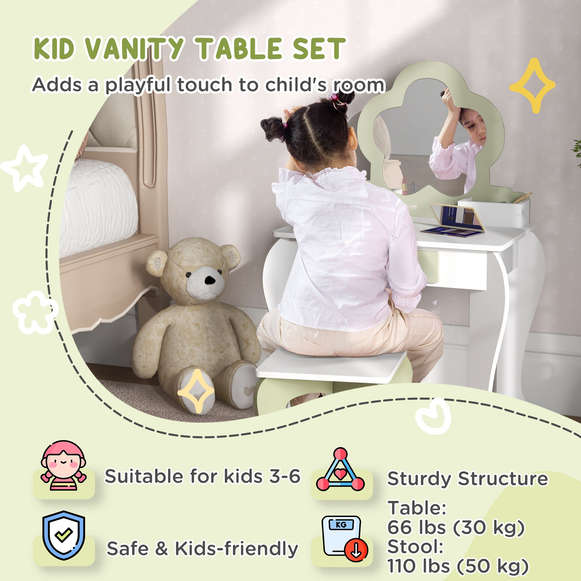 Qaba Kids Makeup Vanity Set with Stool, Mirror, Drawer, Storage Boxes, White-Toys & Games > Toddler & Kids Furniture > Kids Bedroom Furniture-DECOROLALA