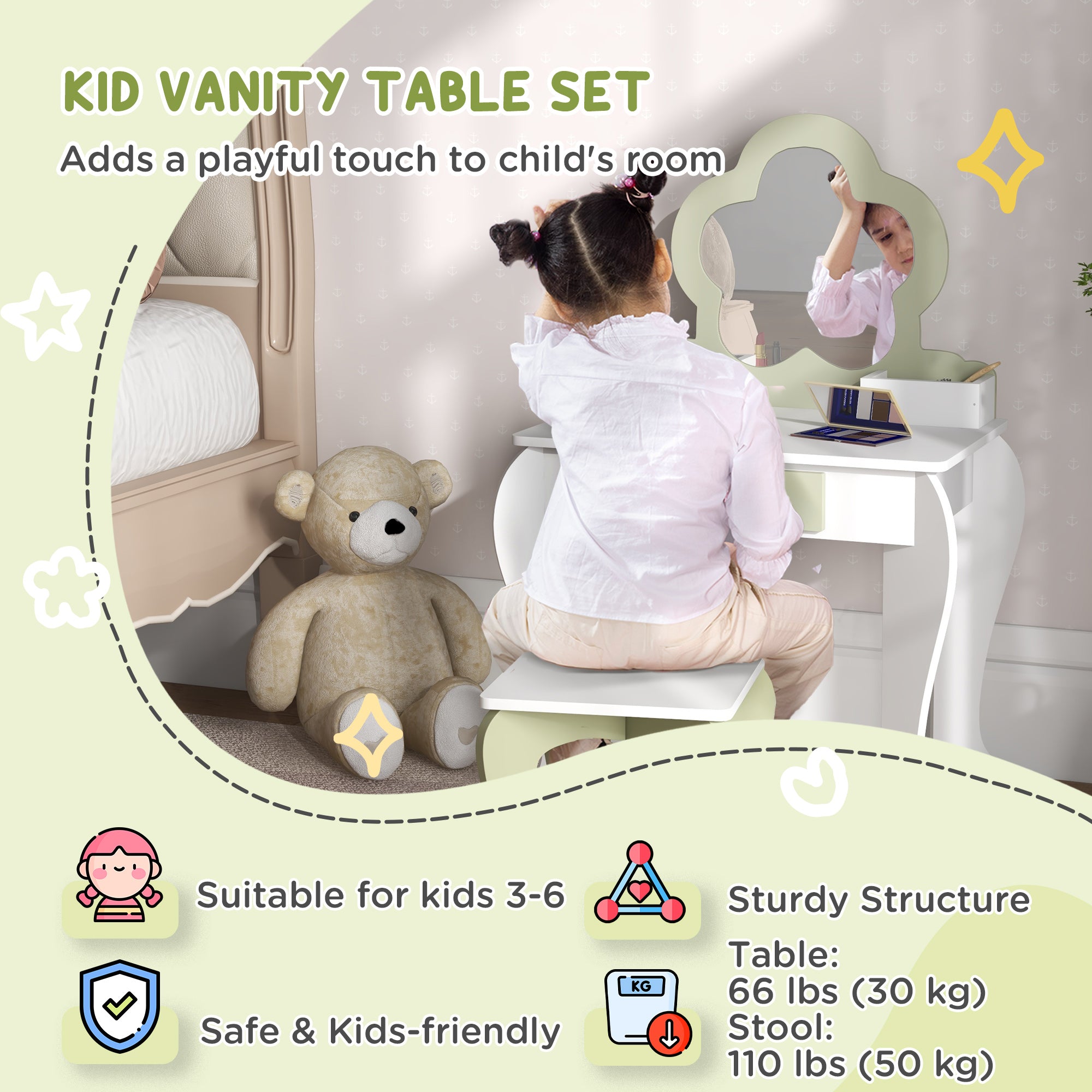 Qaba Kids Makeup Vanity Set with Stool, Mirror, Drawer, Storage Boxes, White-Toys & Games > Toddler & Kids Furniture > Kids Bedroom Furniture-DECOROLALA