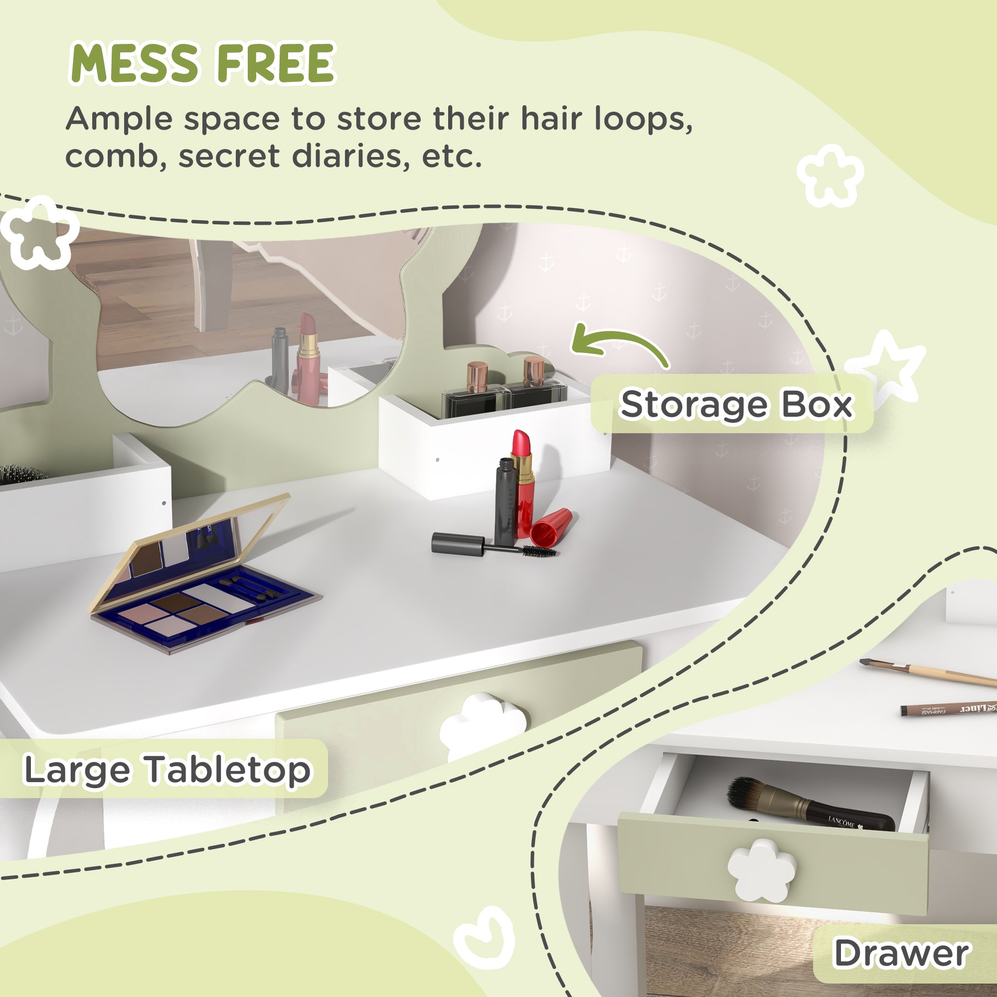 Qaba Kids Makeup Vanity Set with Stool, Mirror, Drawer, Storage Boxes, White-Toys & Games > Toddler & Kids Furniture > Kids Bedroom Furniture-DECOROLALA