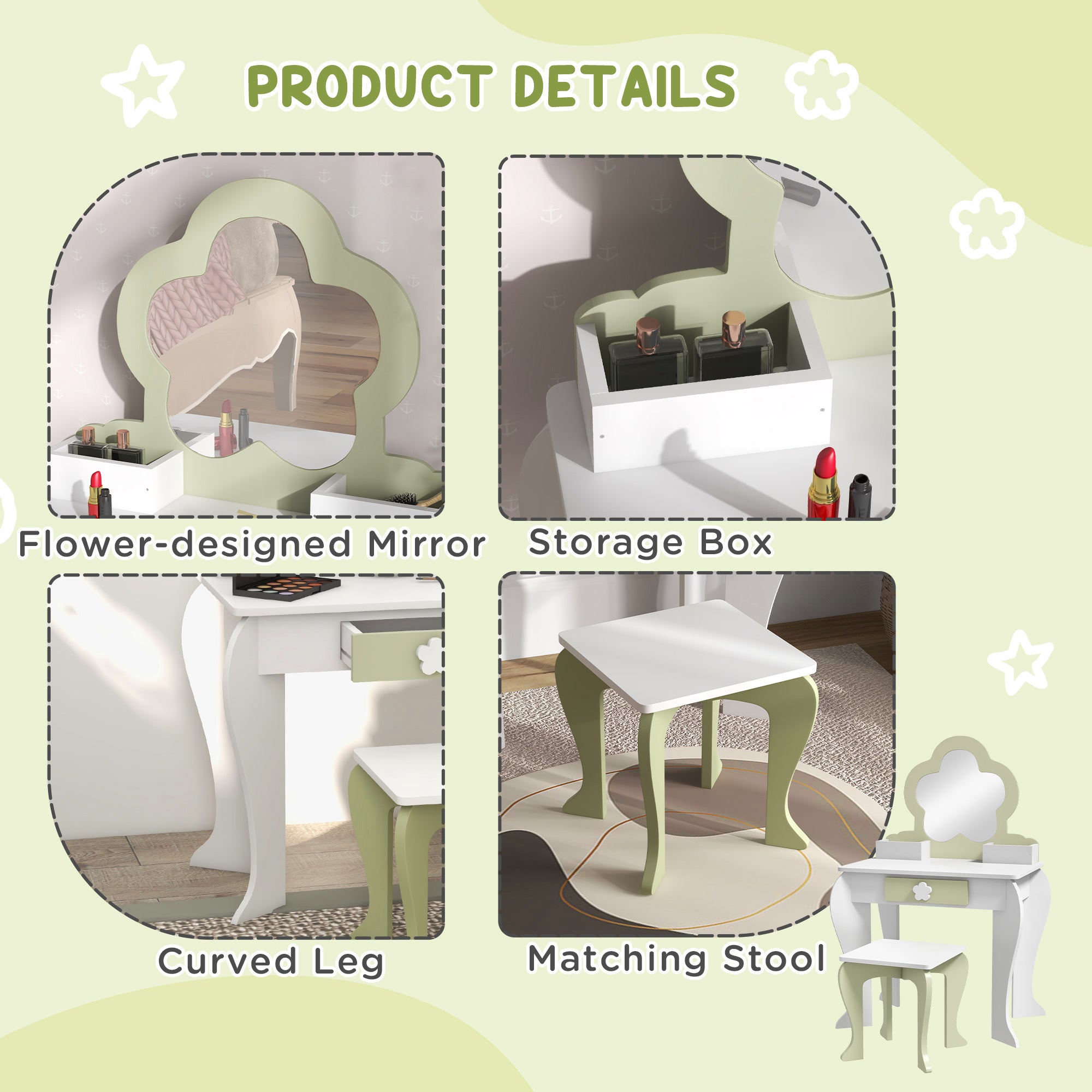 Qaba Kids Makeup Vanity Set with Stool, Mirror, Drawer, Storage Boxes, White-Toys & Games > Toddler & Kids Furniture > Kids Bedroom Furniture-DECOROLALA