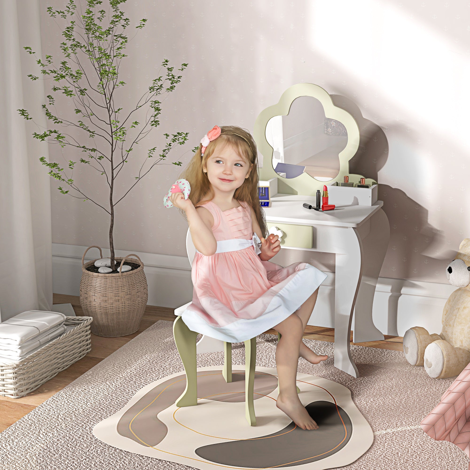 Qaba Kids Makeup Vanity Set with Stool, Mirror, Drawer, Storage Boxes, White-Toys & Games > Toddler & Kids Furniture > Kids Bedroom Furniture-DECOROLALA