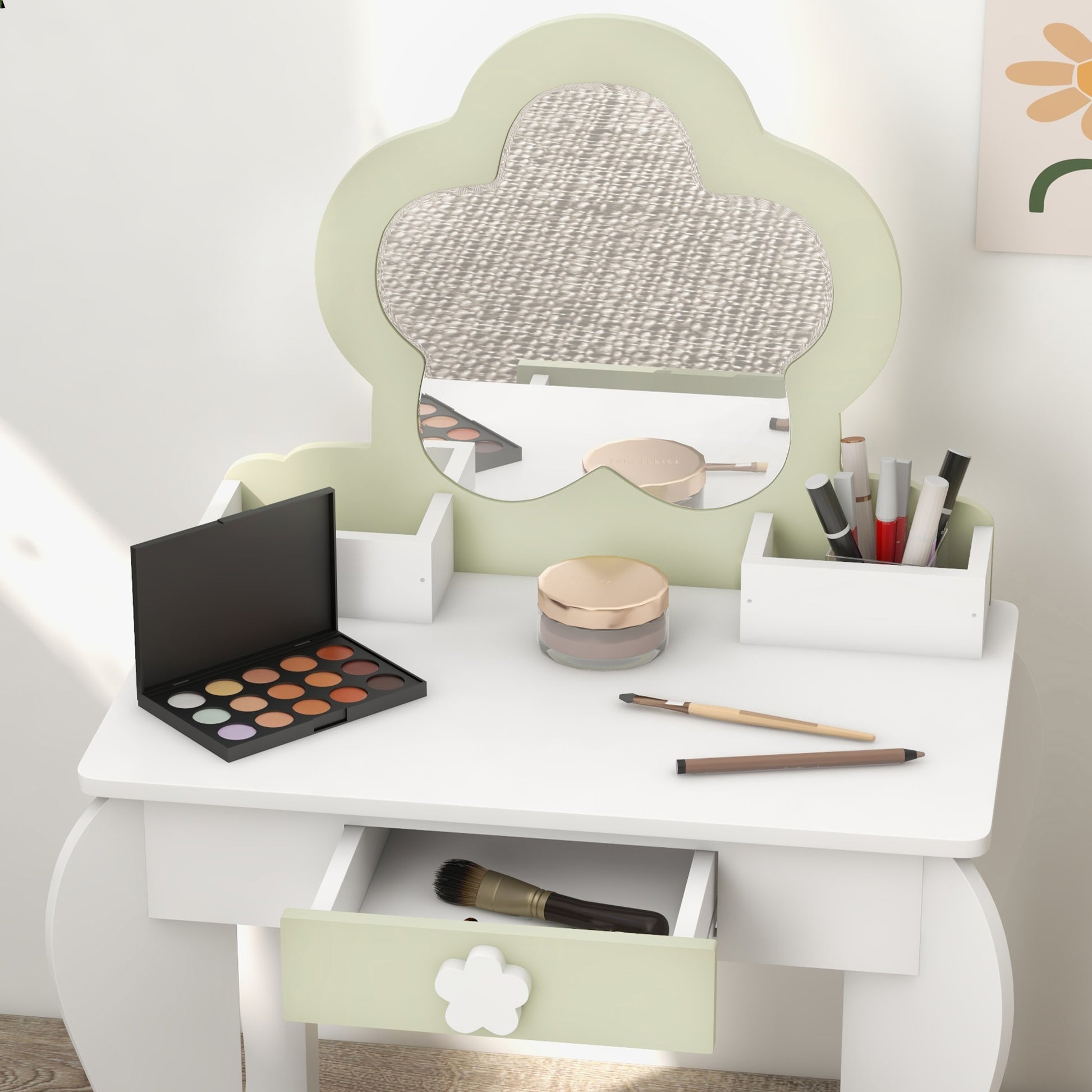 Qaba Kids Makeup Vanity Set with Stool, Mirror, Drawer, Storage Boxes, White-Toys & Games > Toddler & Kids Furniture > Kids Bedroom Furniture-DECOROLALA