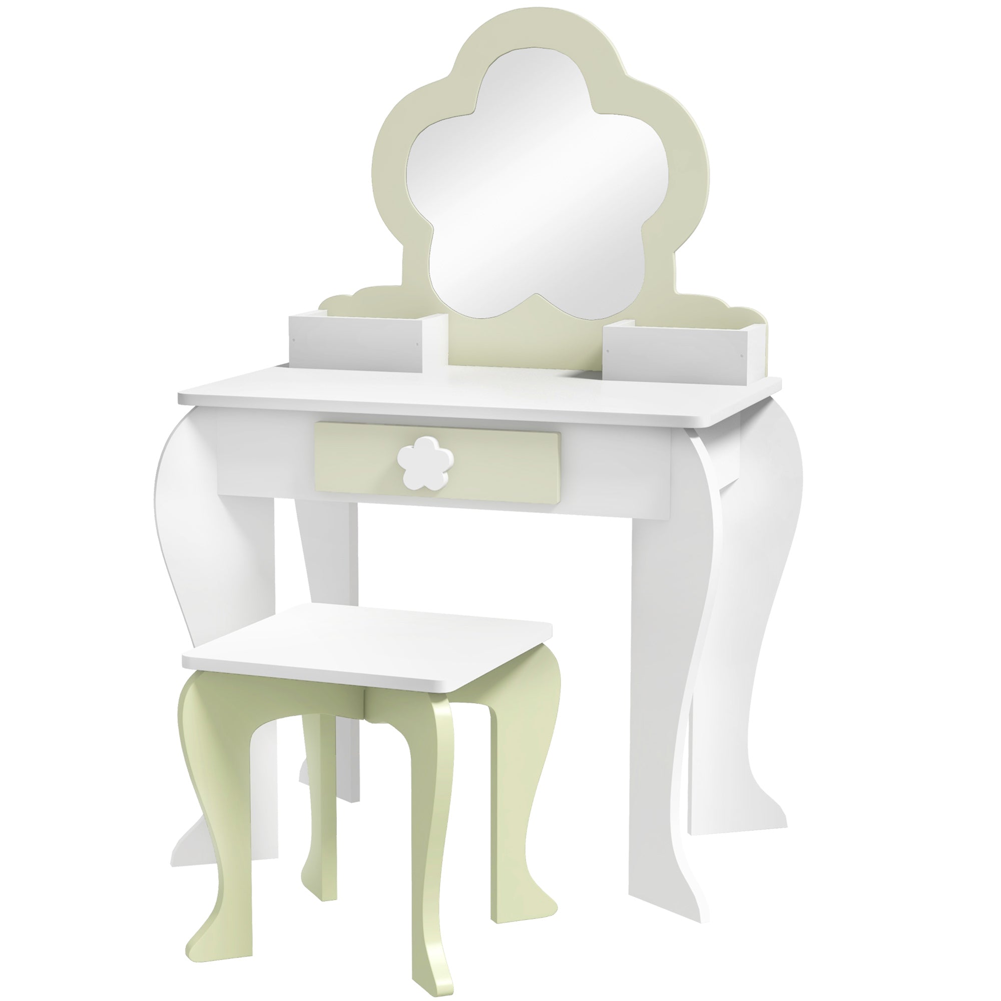 Qaba Kids Makeup Vanity Set with Stool, Mirror, Drawer, Storage Boxes, White-Toys & Games > Toddler & Kids Furniture > Kids Bedroom Furniture-DECOROLALA