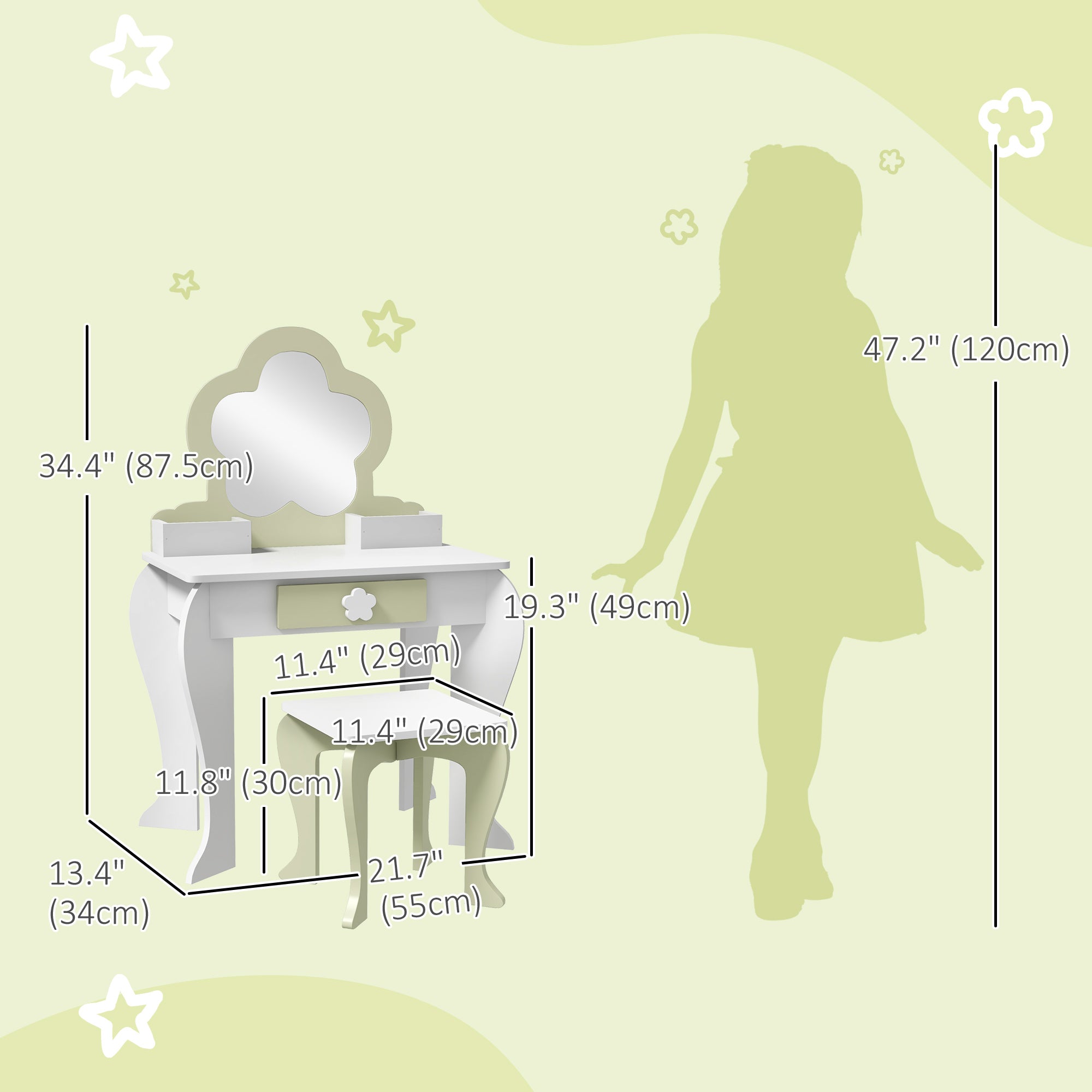 Qaba Kids Makeup Vanity Set with Stool, Mirror & Drawer, White-Toys & Games > Toddler & Kids Furniture > Kids Bedroom Furniture-DECOROLALA