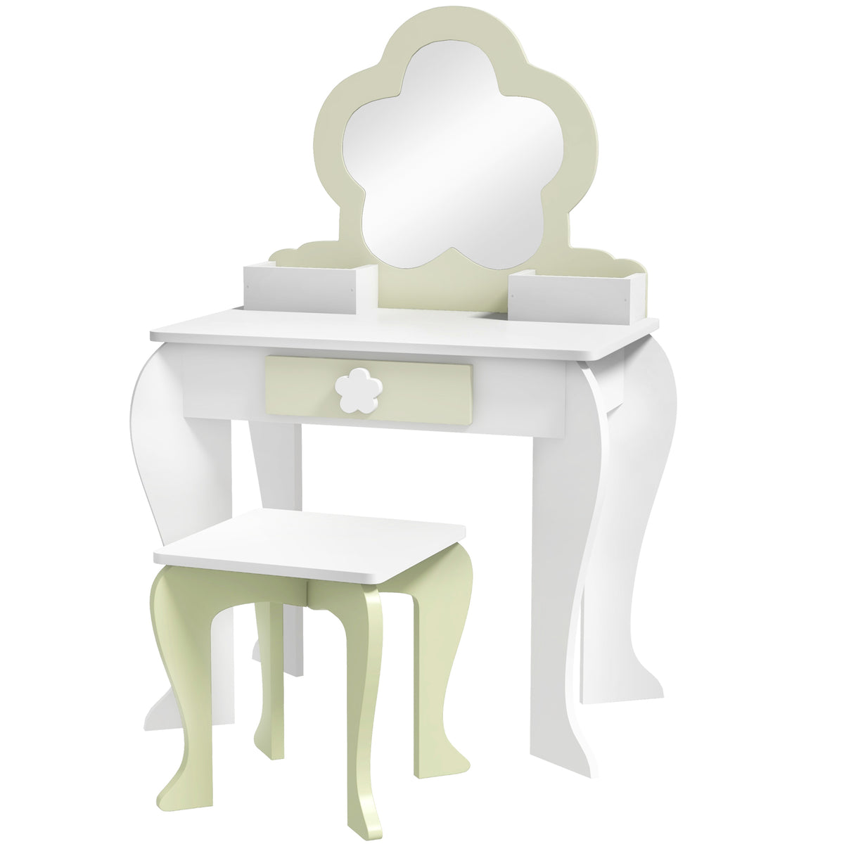 Qaba Kids Makeup Vanity Set with Stool, Mirror & Drawer, White-Toys & Games > Toddler & Kids Furniture > Kids Bedroom Furniture-DECOROLALA