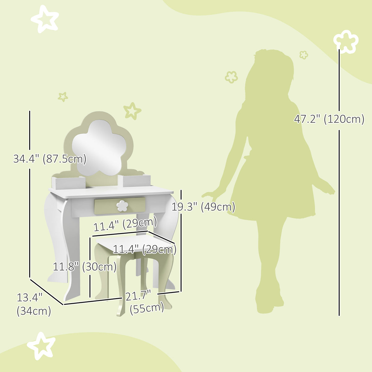 Qaba Kids Makeup Vanity Set with Stool, Mirror & Drawer, White-Toys & Games > Toddler & Kids Furniture > Kids Bedroom Furniture-DECOROLALA