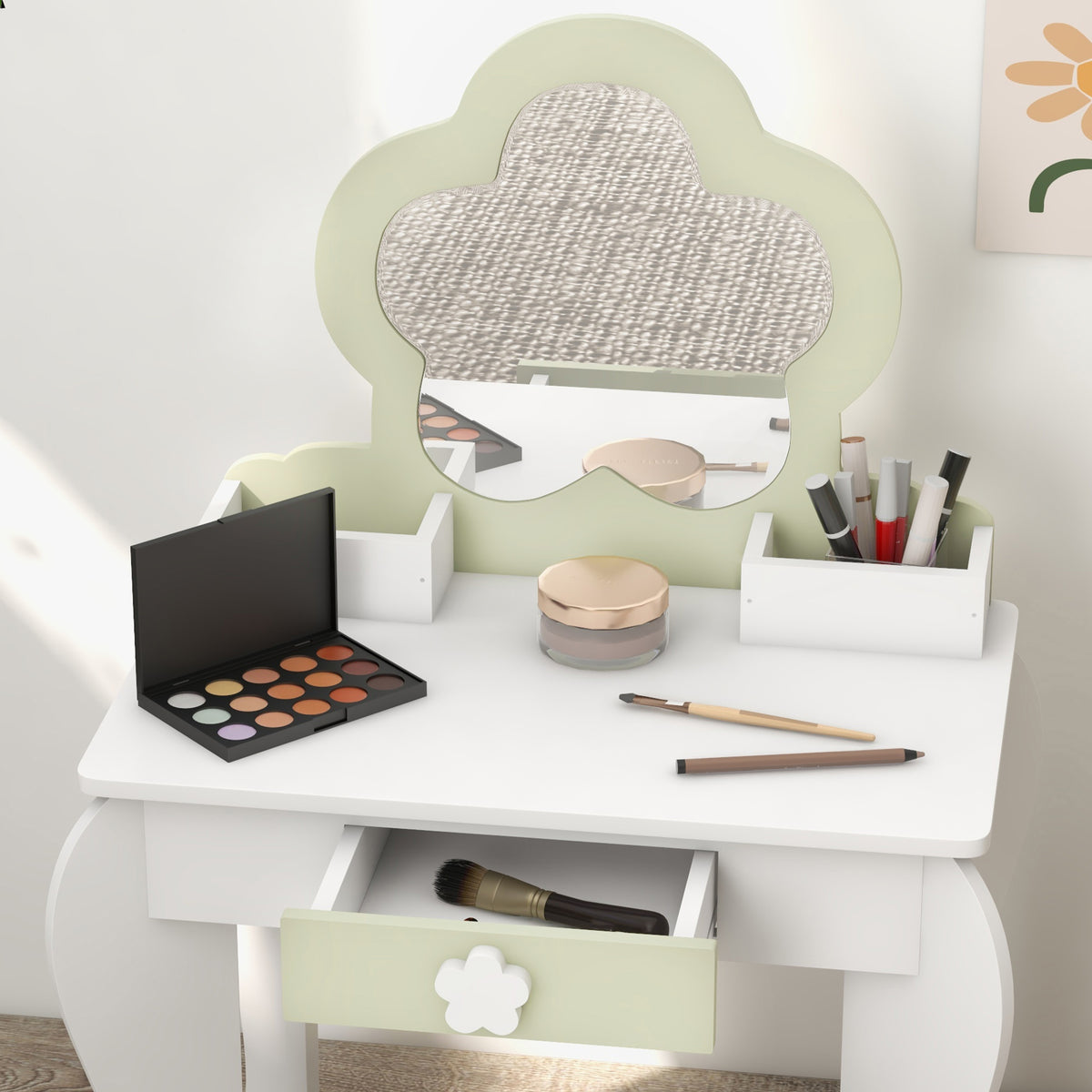Qaba Kids Makeup Vanity Set with Stool, Mirror & Drawer, White-Toys & Games > Toddler & Kids Furniture > Kids Bedroom Furniture-DECOROLALA