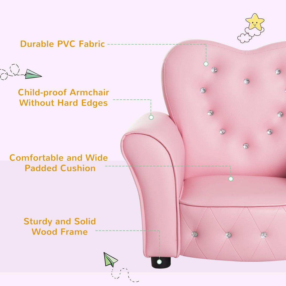 Qaba Kids Mini Princess Sofa Toddler Chair Children Upholstered Tufted Armchair Activity Couch Reclining Seat Boys Girls Furniture Pink-Toys & Games > Toddler & Kids Furniture > Kids Chairs & Seating-DECOROLALA