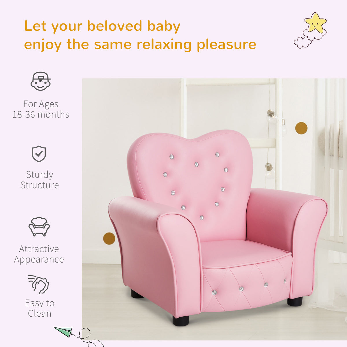 Qaba Kids Mini Princess Sofa Toddler Chair Children Upholstered Tufted Armchair Activity Couch Reclining Seat Boys Girls Furniture Pink-Toys & Games > Toddler & Kids Furniture > Kids Chairs & Seating-DECOROLALA
