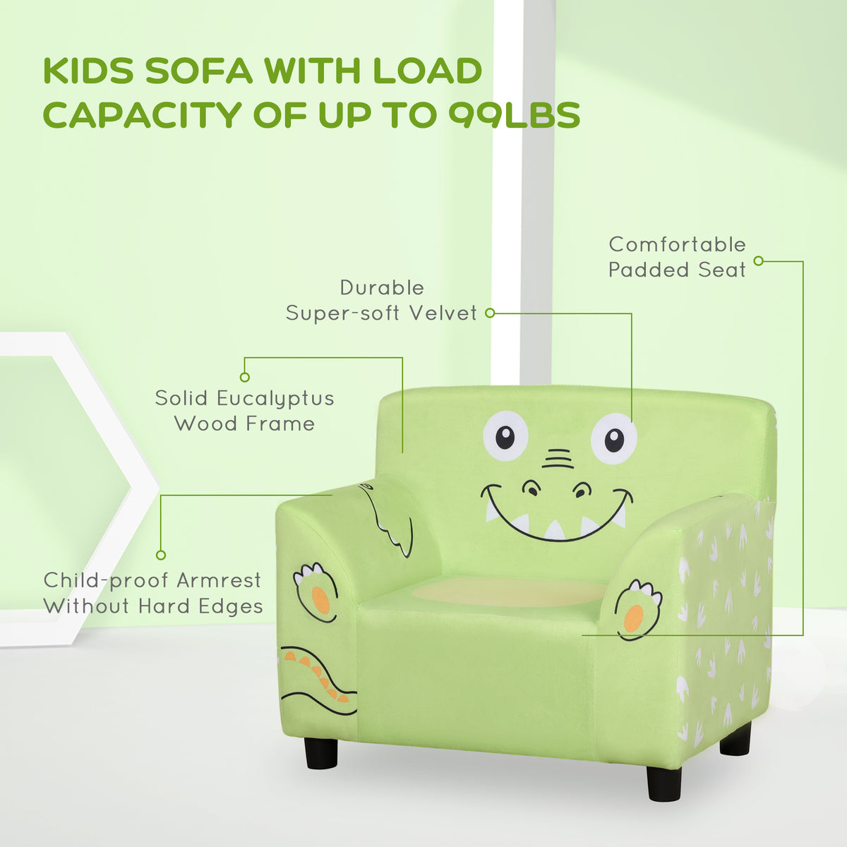 Qaba Kids Sofa, Armrest Chair for Preschool, Toddler Couch for Kids Room, Kindergarten with Cute Animal Print, Super-soft Velvet, Eucalyptus Wood, Green-Toys & Games > Toddler & Kids Furniture > Kids Chairs & Seating-DECOROLALA