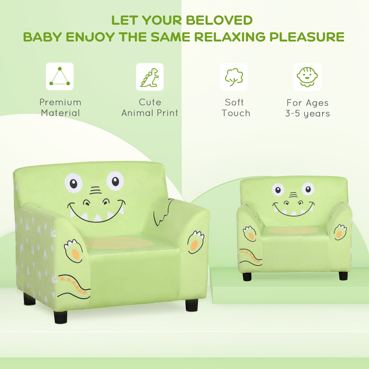 Qaba Kids Sofa, Armrest Chair for Preschool, Toddler Couch for Kids Room, Kindergarten with Cute Animal Print, Super-soft Velvet, Eucalyptus Wood, Green-Toys & Games > Toddler & Kids Furniture > Kids Chairs & Seating-DECOROLALA
