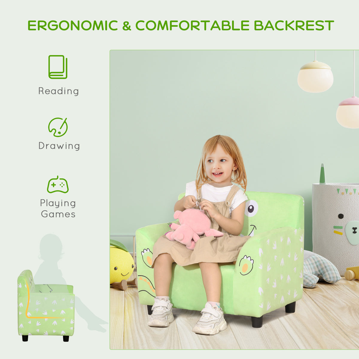 Qaba Kids Sofa, Armrest Chair for Preschool, Toddler Couch for Kids Room, Kindergarten with Cute Animal Print, Super-soft Velvet, Eucalyptus Wood, Green-Toys & Games > Toddler & Kids Furniture > Kids Chairs & Seating-DECOROLALA