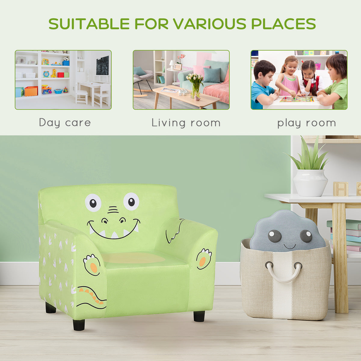 Qaba Kids Sofa, Armrest Chair for Preschool, Toddler Couch for Kids Room, Kindergarten with Cute Animal Print, Super-soft Velvet, Eucalyptus Wood, Green-Toys & Games > Toddler & Kids Furniture > Kids Chairs & Seating-DECOROLALA