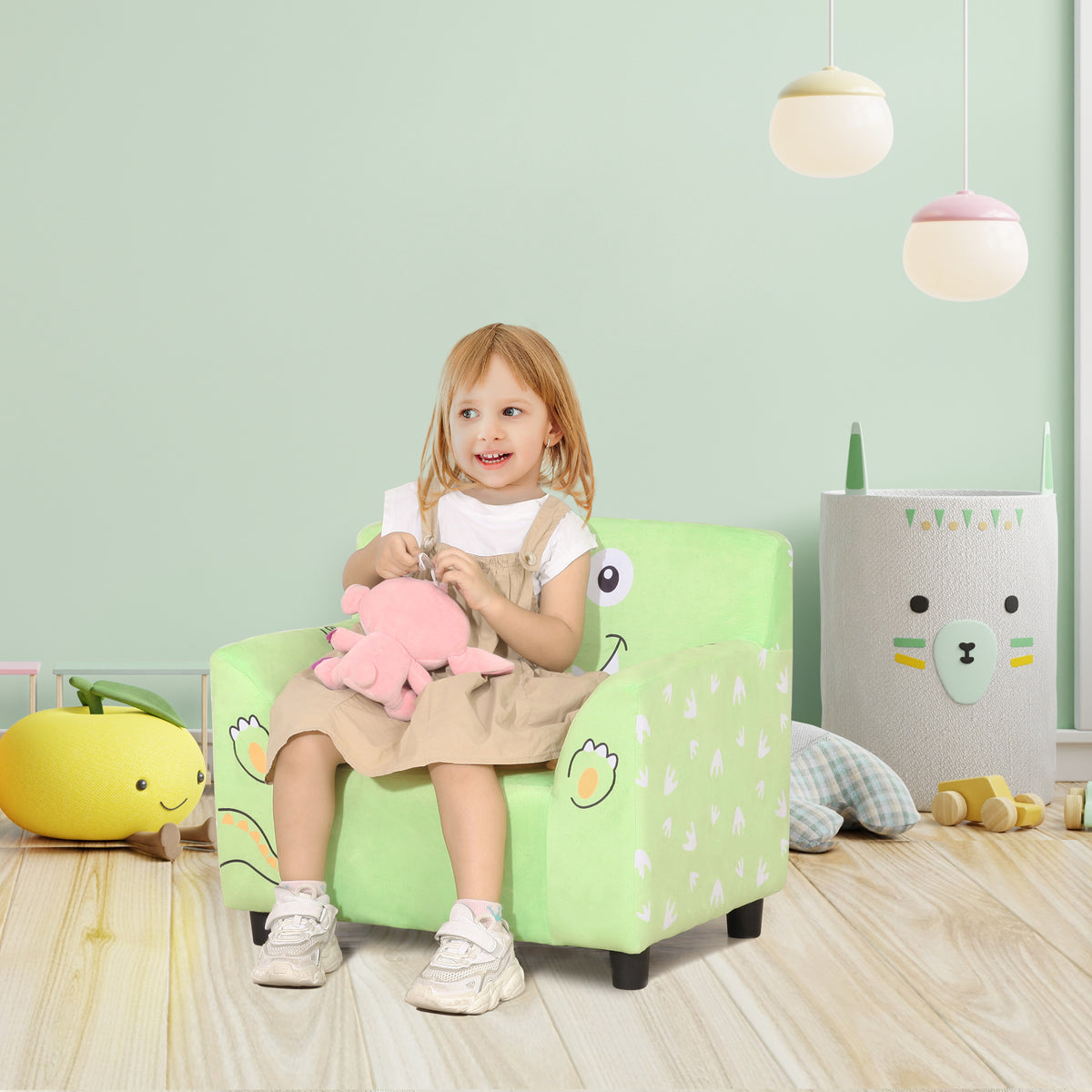 Qaba Kids Sofa, Armrest Chair for Preschool, Toddler Couch for Kids Room, Kindergarten with Cute Animal Print, Super-soft Velvet, Eucalyptus Wood, Green-Toys & Games > Toddler & Kids Furniture > Kids Chairs & Seating-DECOROLALA